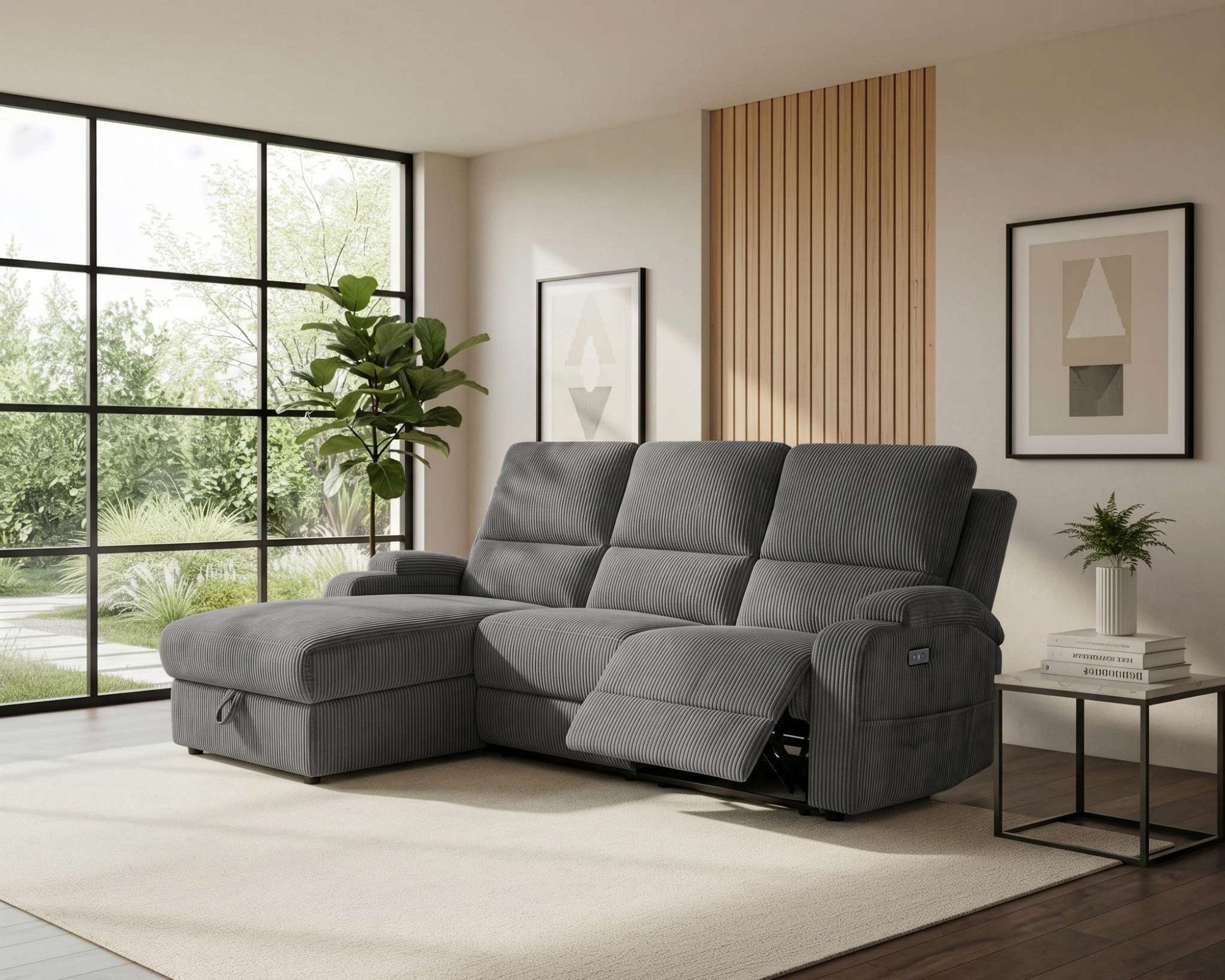 OTTO home Ecksofa NAPORI Cord, L-Form, 210cm, man./elektr. Relaxfunktion, USB-A bei elektr. Variante, Staukasten, Seitentaschen u. Federkern