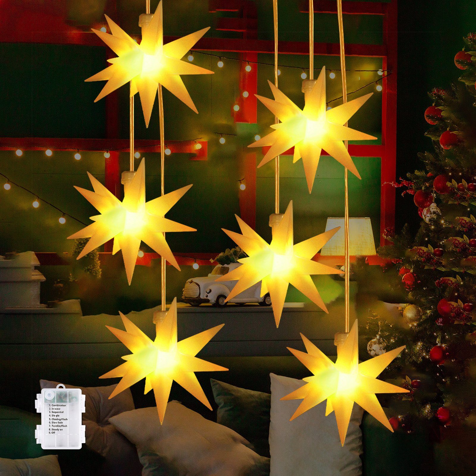 Salcar LED-Lichterkette 3D LED Weihnachtsstern Beleuchtet LED Explodierende Sterne 3er/6er, 3D Leuchtstern Weihnachten Fenster Outdoor Weihnachtsdeko Warmweiß