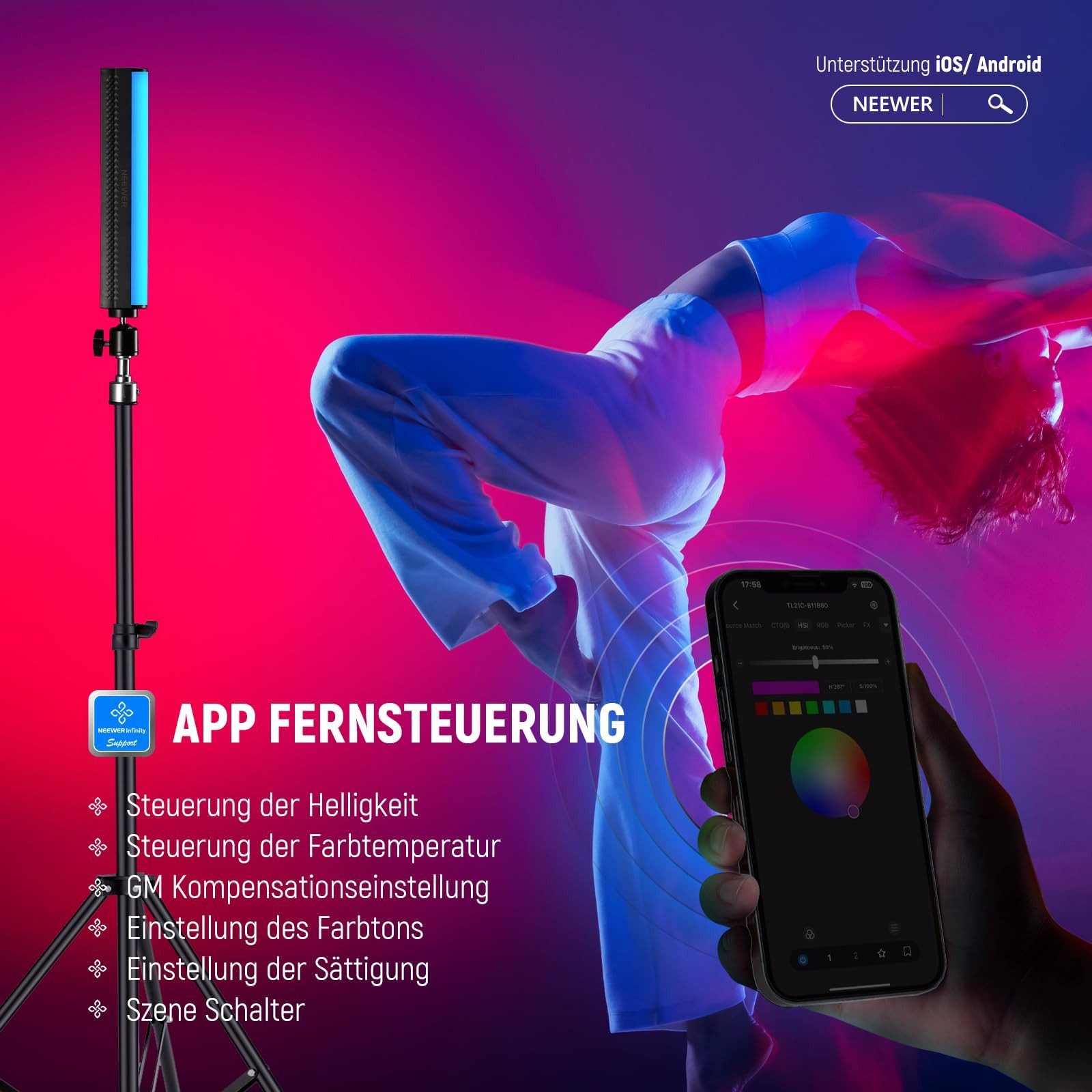 Neewer Videoleuchte TL21C Handlichtstab, Magnetischer RGB Lichtstab, mit APP Steuerung, 2550mAh Akku, 2500K~8500K dimmbar CRI 95+, für Fotografie Vlog TikTok