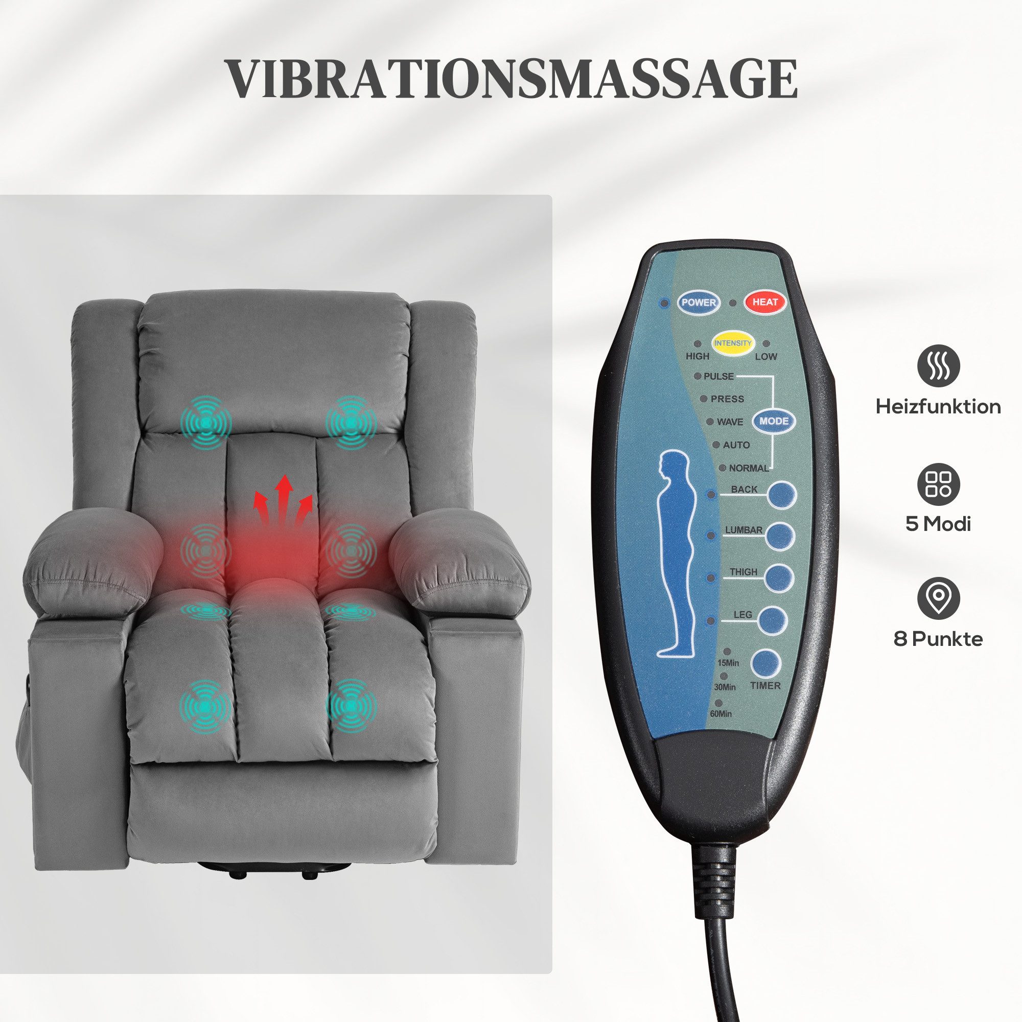 HOMCOM Massagesessel Elektrisch Relaxsessel mit Liege-, Wärme-, Massagefunktion (Fernsehsessel mit Aufstehhilfe, 1-St., TV-Sessel), mit Becherhalter, Stautraum, – Bild 5 von 5