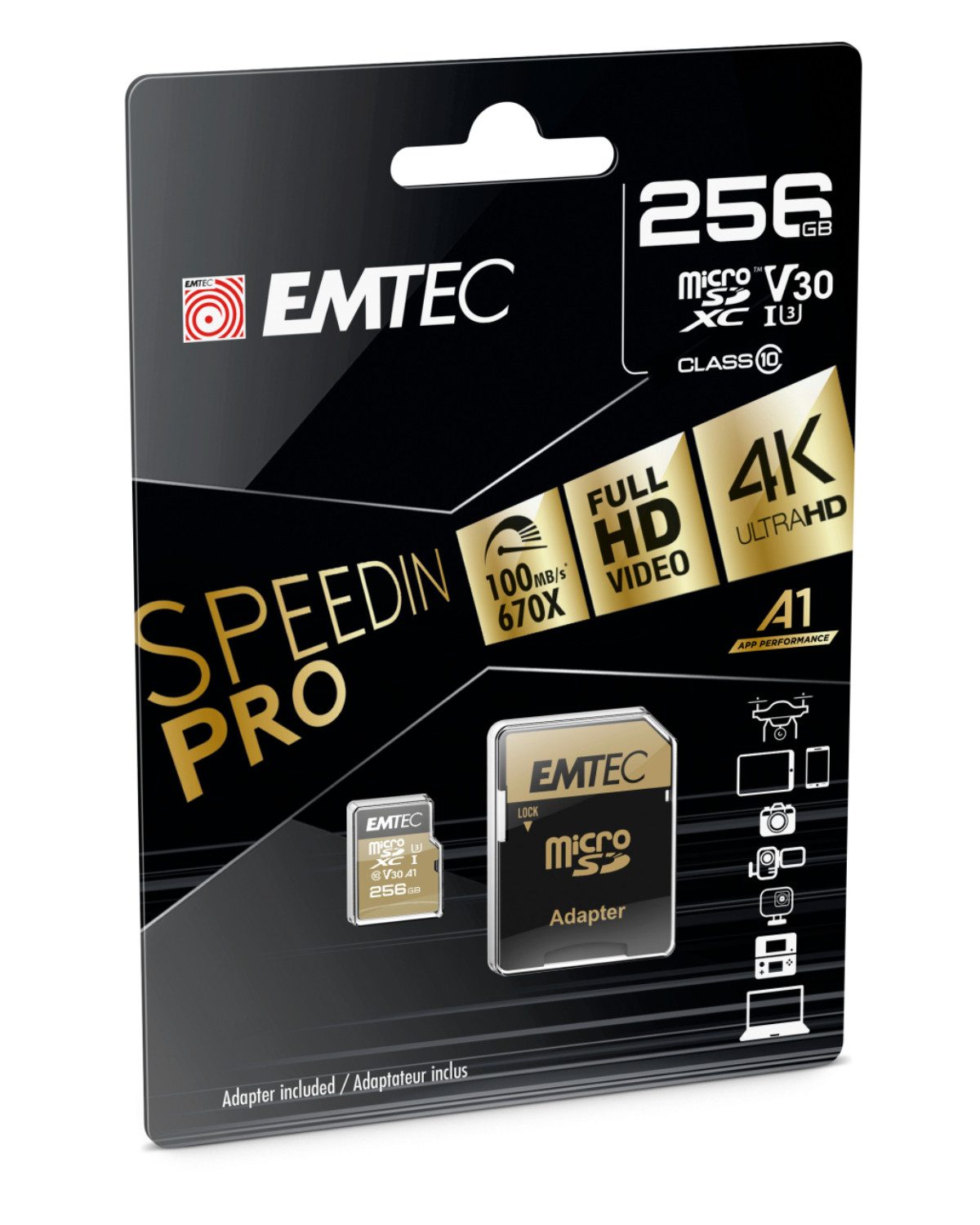 EMTEC UHS-I U3 V30 SpeedIN Pro Speicherkarte (256 GB, Class 10, 100,00 MB/s Lesegeschwindigkeit, inkl. SD-Karten-Adapter)