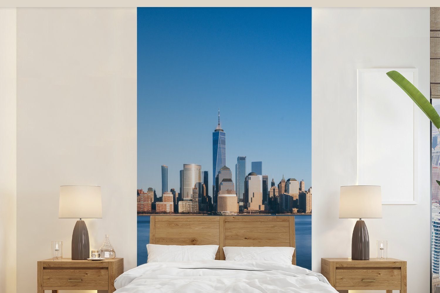 MuchoWow Fototapete New York - Skyline - Blau, Matt, bedruckt, (2 St), Vliestapete für Wohnzimmer Schlafzimmer Küche, Fototapete