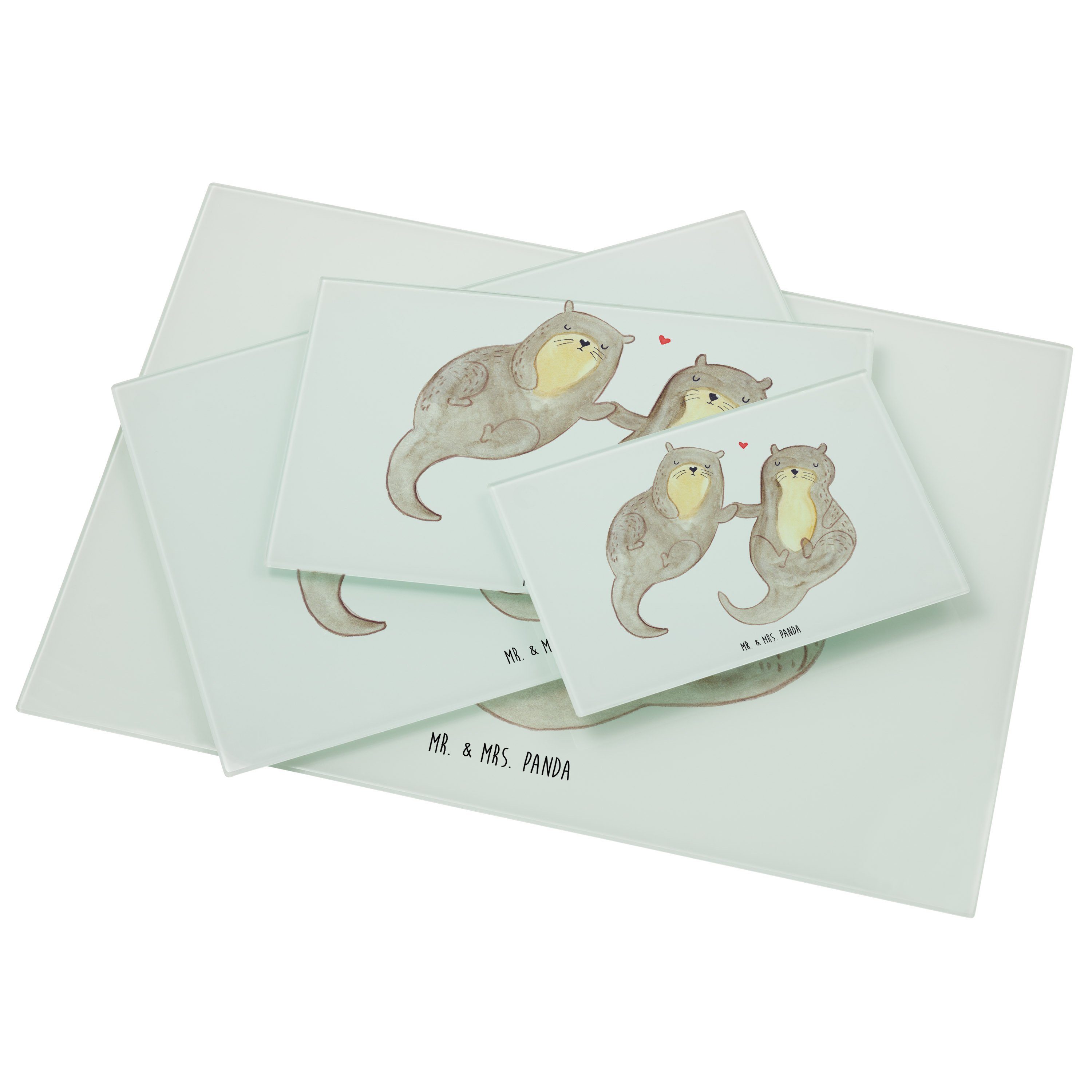 (1-St) & - Mrs. Premium Otter Panda Mr. Glas, Servierbrett - Glasschneidebrett, verliebt, Geschenk, händchenhaltend Weiß