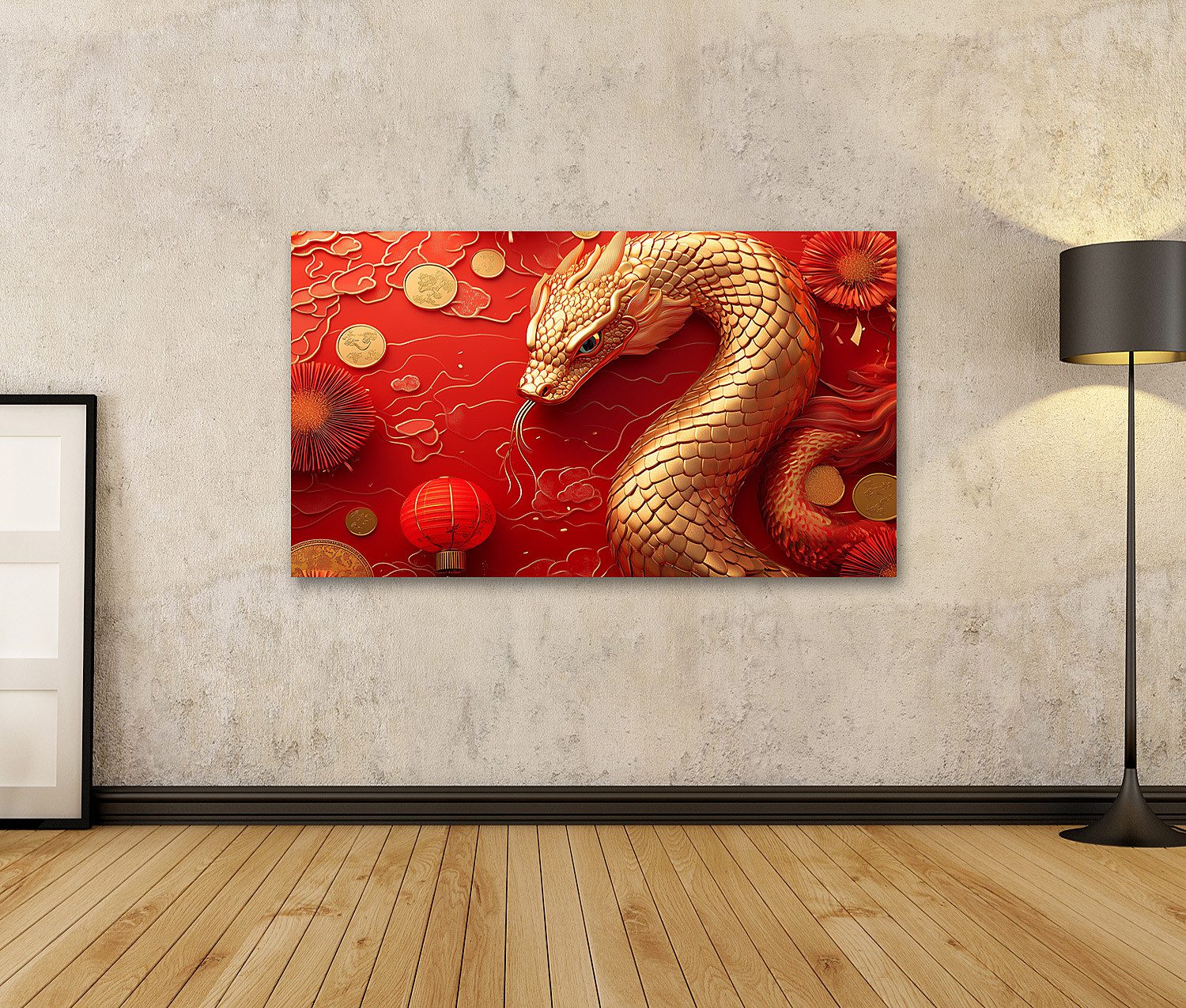 islandburner Leinwandbild, Goldener Drache mit Münzen und rotem Hintergrund günstig online kaufen