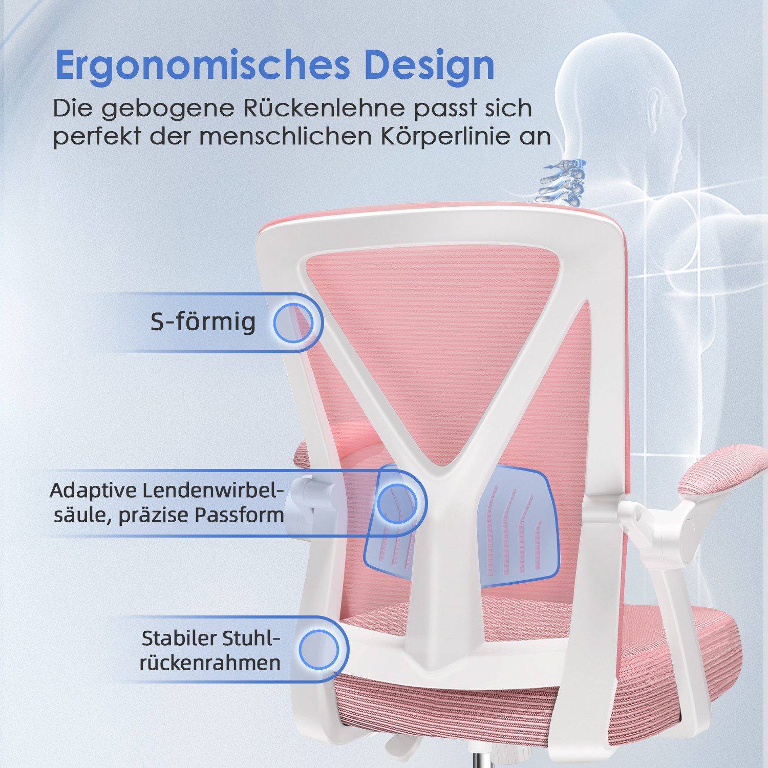 Adormii Bürostuhl Bürostuhl mit klappbaren Armlehnen,Ergonomischer Bürostuhl (Drehstuhl 360° mit Höhenverstellbarer Lendenwirbelstütze,Verstellbarer gepolsterte – Bild 2 von 5
