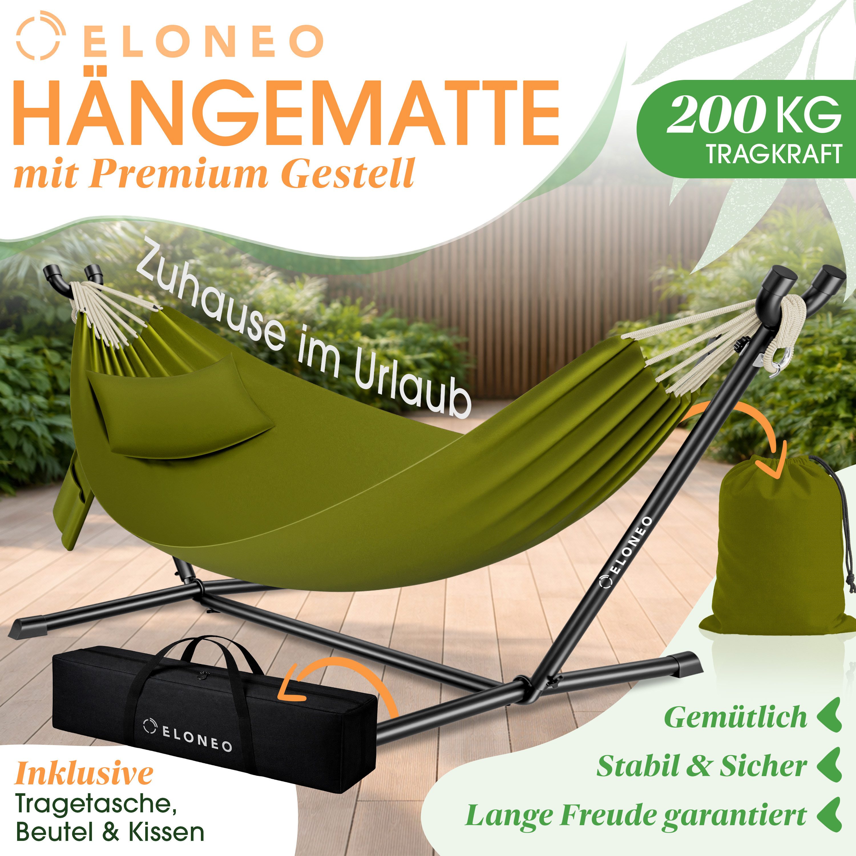 ELONEO Hängematte mit Gestell – Komfort & Flexibilität für Garten, Terrasse und Camping, belastbar bis 200kg, inkl. Kopfkissen und Tragetasche