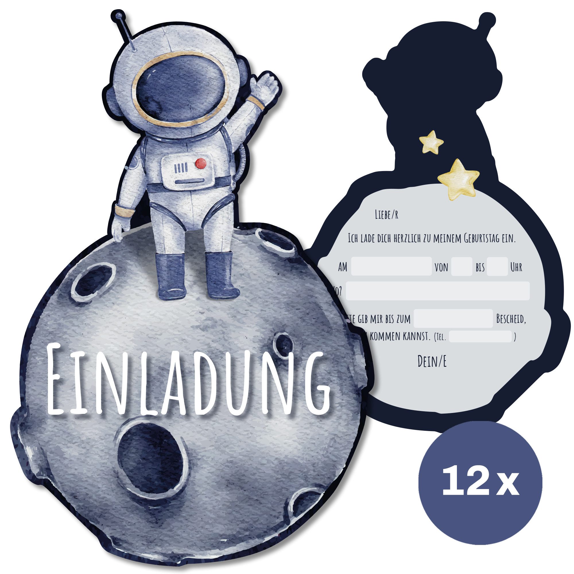 CUPCAKES & KISSES Einladungskarten 12x Astronauten Einladungskarten Kindergeburtstag für Mädchen & Jungen, Astronauten