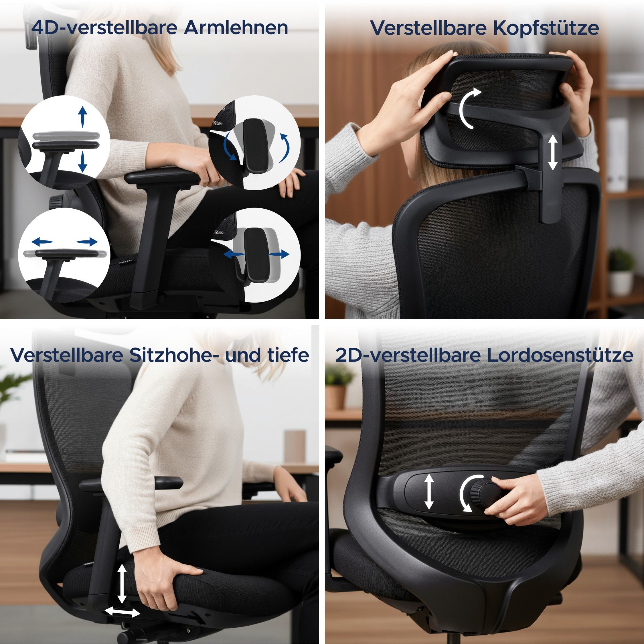 TITANO Bürostuhl E5 (Ergonomischer Bürostuhl mit Neigungsfunktion, 4D-Armlehnen, Lendenwirbelstütze & Kopfstütze – Drehstuhl für Home Office & Büro, 150 kg Belastbar, Ergonomic Schreibtischstuhl)