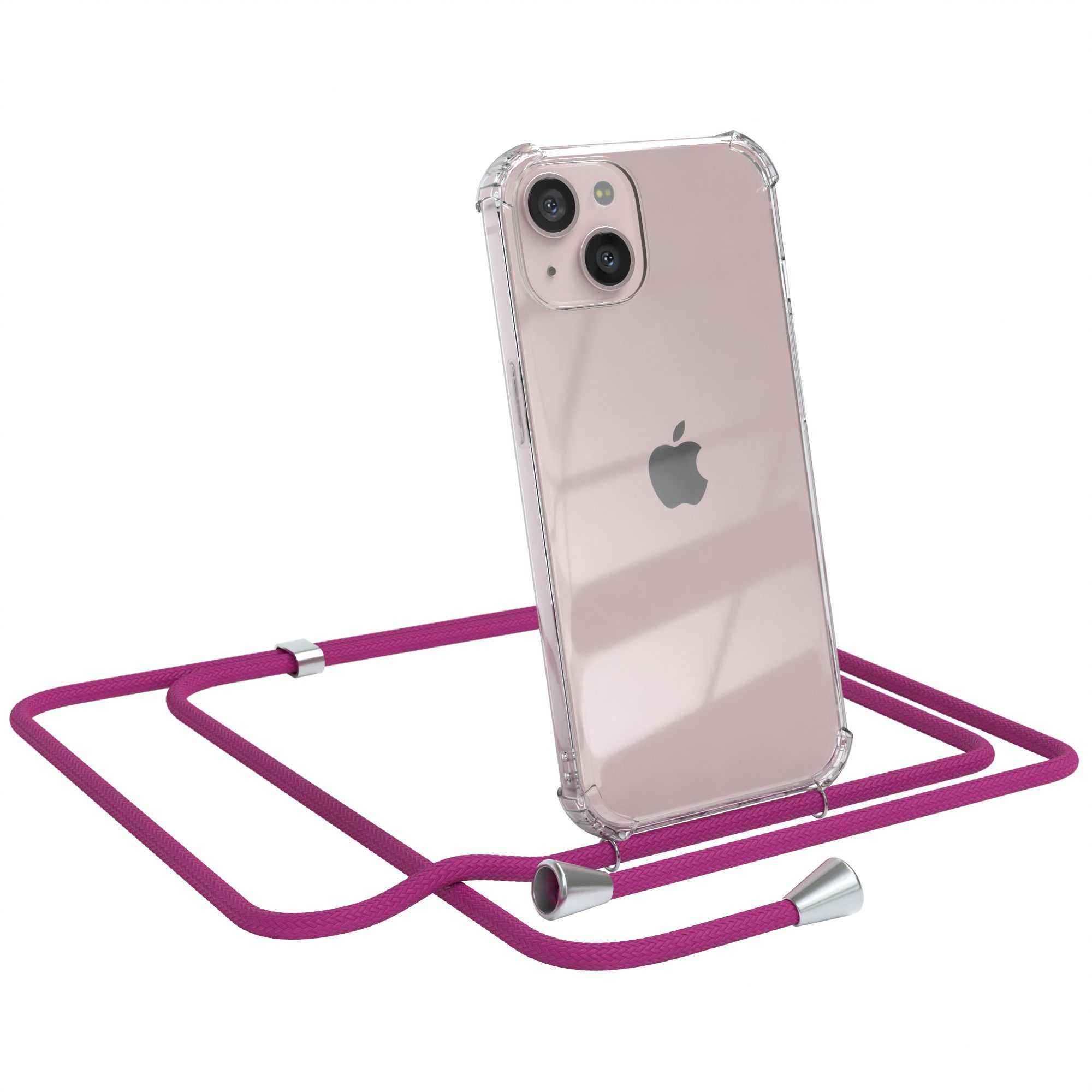 EAZY CASE Handykette Hülle mit Kette für Apple iPhone 13 6,1 Zoll, Handykordel Slimcover mit Umhängeband zum Umhängen Pink / Clip Silber
