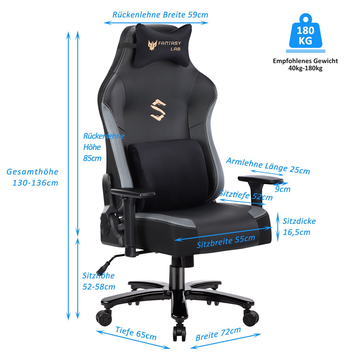 FANTASYLAB Gaming-Stuhl Massage, 180KG Belastbarkeit, 55x52cm günstig online kaufen