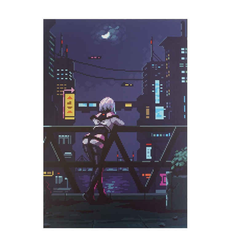 GalaxyCat Poster Hochwertiges Cyberpunk Wandbild mit Lucy, Pixel Art auf Hartschaumpla, Lucy Kushinada, Pixel Art Stil auf Hartschaumplatte,Night City bei Nacht