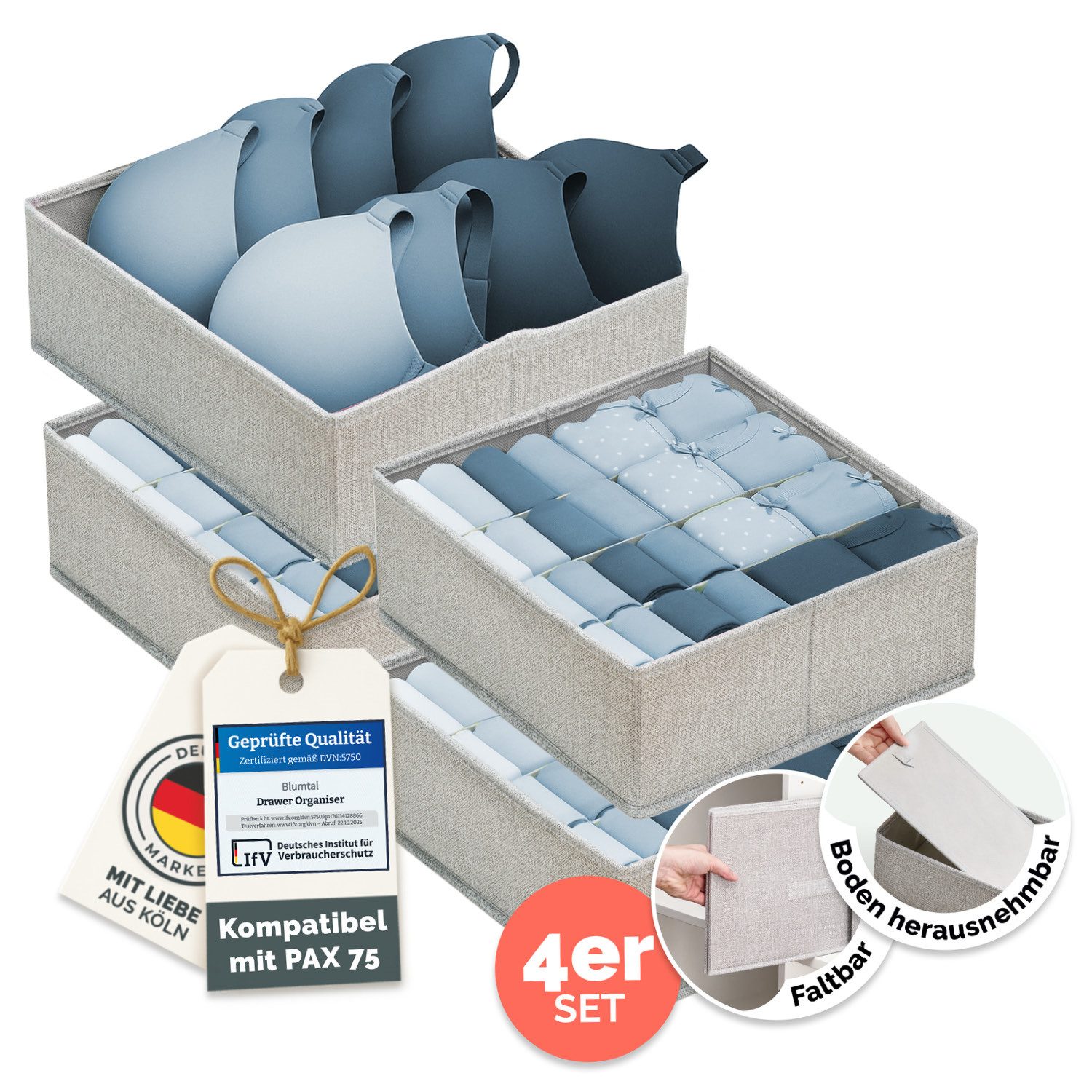 Blumtal Faltbox HEMNES, MALM, PAX Organizer Ordnungssystem Kleiderschrank (4 St), Faltboxen für BHs, T-Shirts - Boxen für Schrank