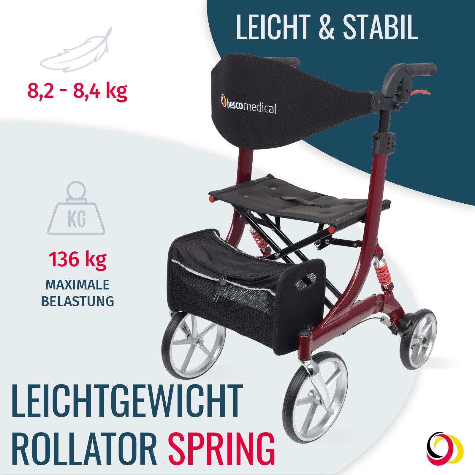 bescomedical Rollator SPRING - höhenverstellbar & faltbar - bequeme Sitzfläche, Leichtgewicht Gehhilfe - Modell M Sitzhöhe 56 cm, mit Komfort-Federung