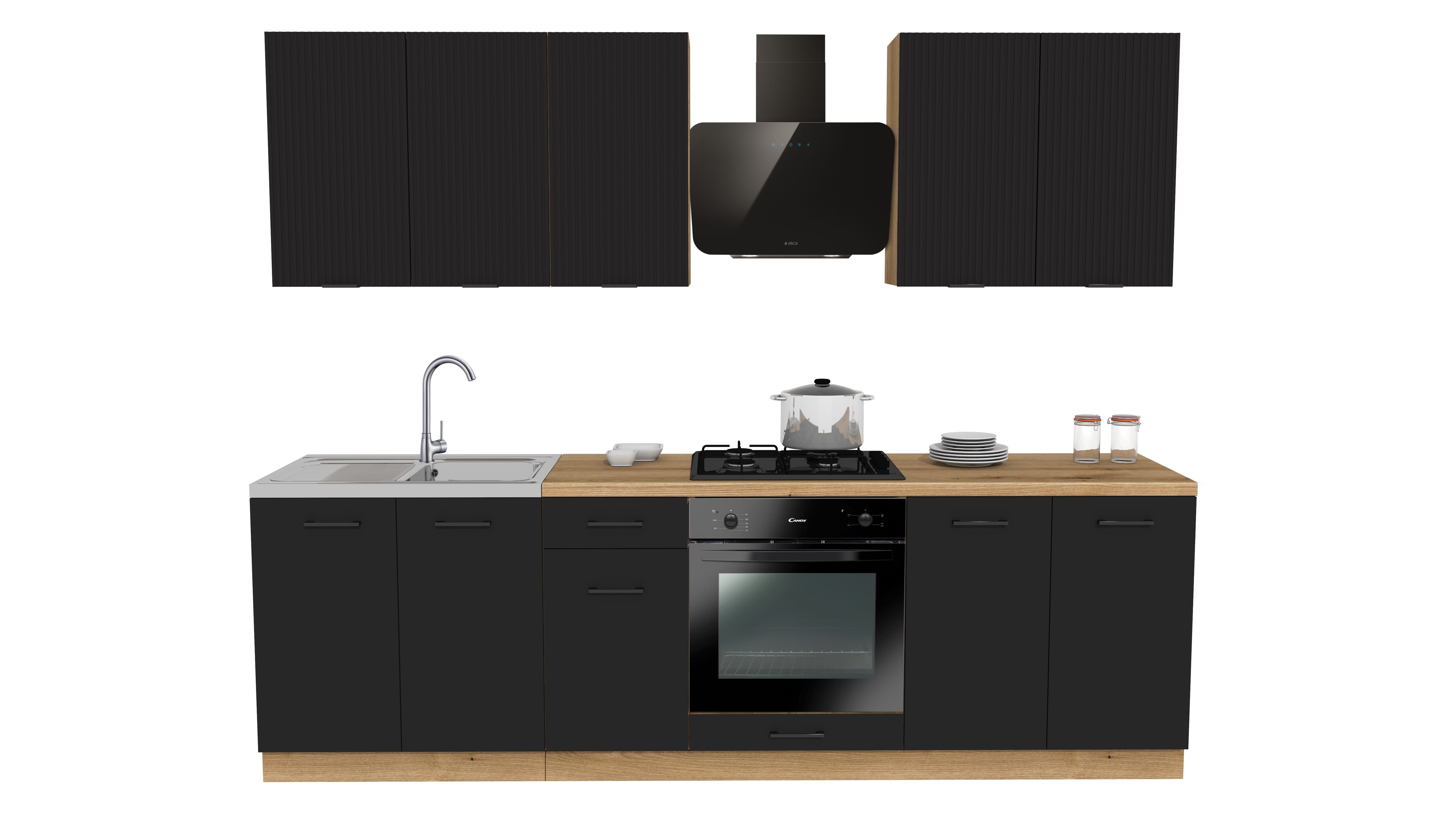 ROYAL24_MARKT Küchenzeile - SIMPLY Z8 260 cm - Schwarz Matt / Rille / Eiche, (Komplett Set), Beste Güte - Innovativ - Modern