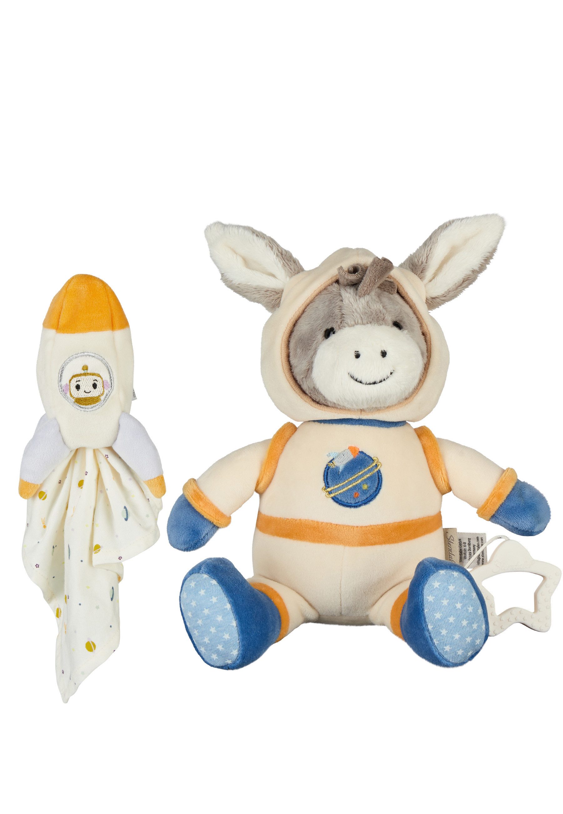Sterntaler® Kuscheltier Multipack Spielwaren ESEL Cosmo Emmi (2er-Pack, herausnehmbares Spielwerk, Sternengriff für erleichtertes Aufziehen, 2-St., Multipack bestehend aus Spieluhr M und Schmusetuch M), Esel Cosmo Emmi: Spieluhr & Schmusetuch als liebevolles Set