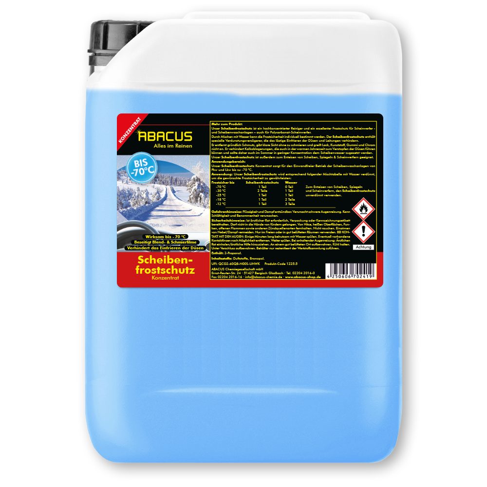 ABACUS Scheibenfrostschutz bis -70 °C Scheibenfrostschutz Konzentrat Frostschutzmittel, 25 l, Sicher für alle Materialien, Lacke & Dichtungen, 1 St., Wirkt bis -70 °C, Reinigt ohne zu schmieren