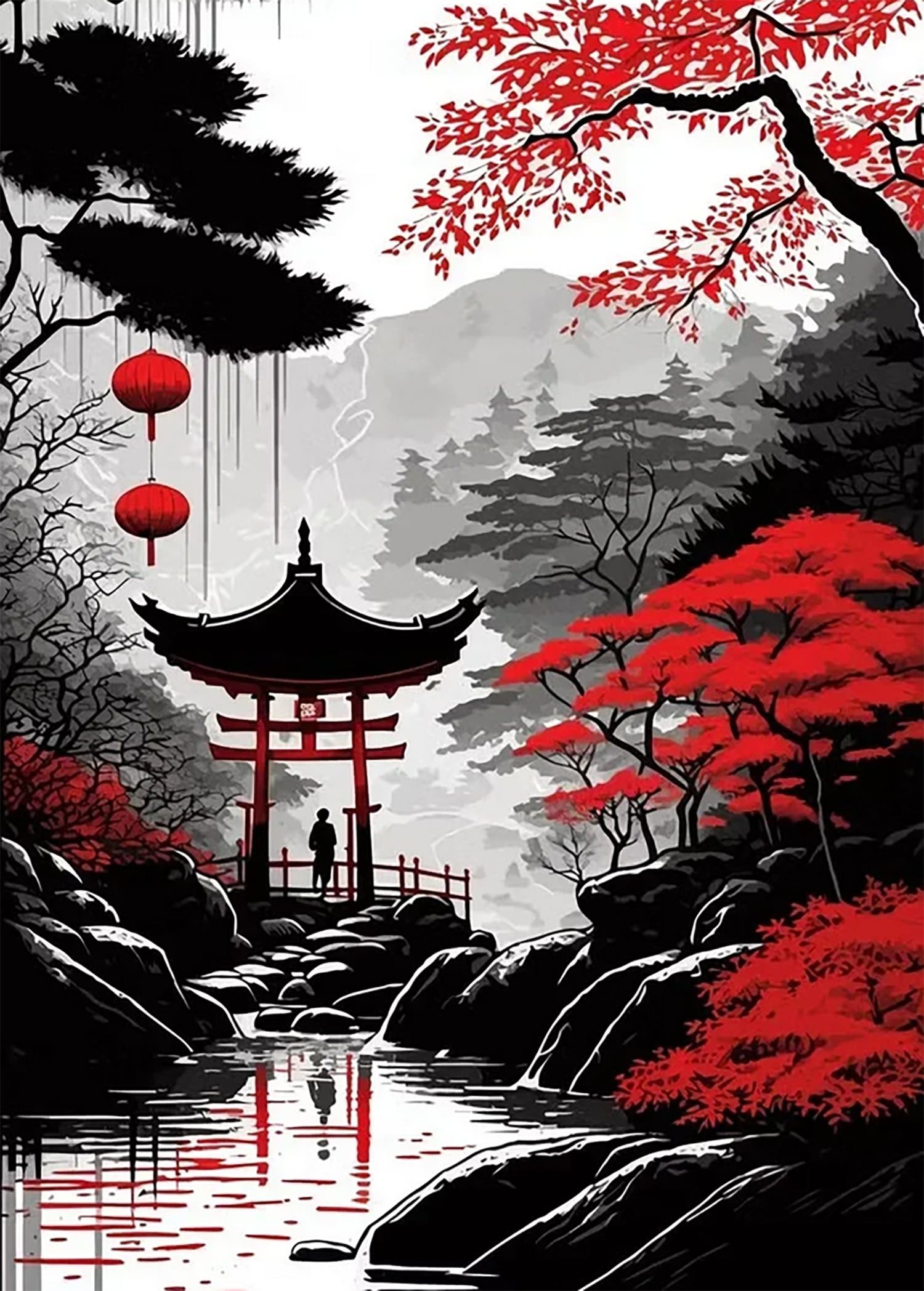 TPFLiving Kunstdruck OHNE RAHMEN, Japanische Landschaften, Berge und Tempel - (Leinwandbild XXL), Farben: Farben: Rot und schwarz - Größe: 20x30cm