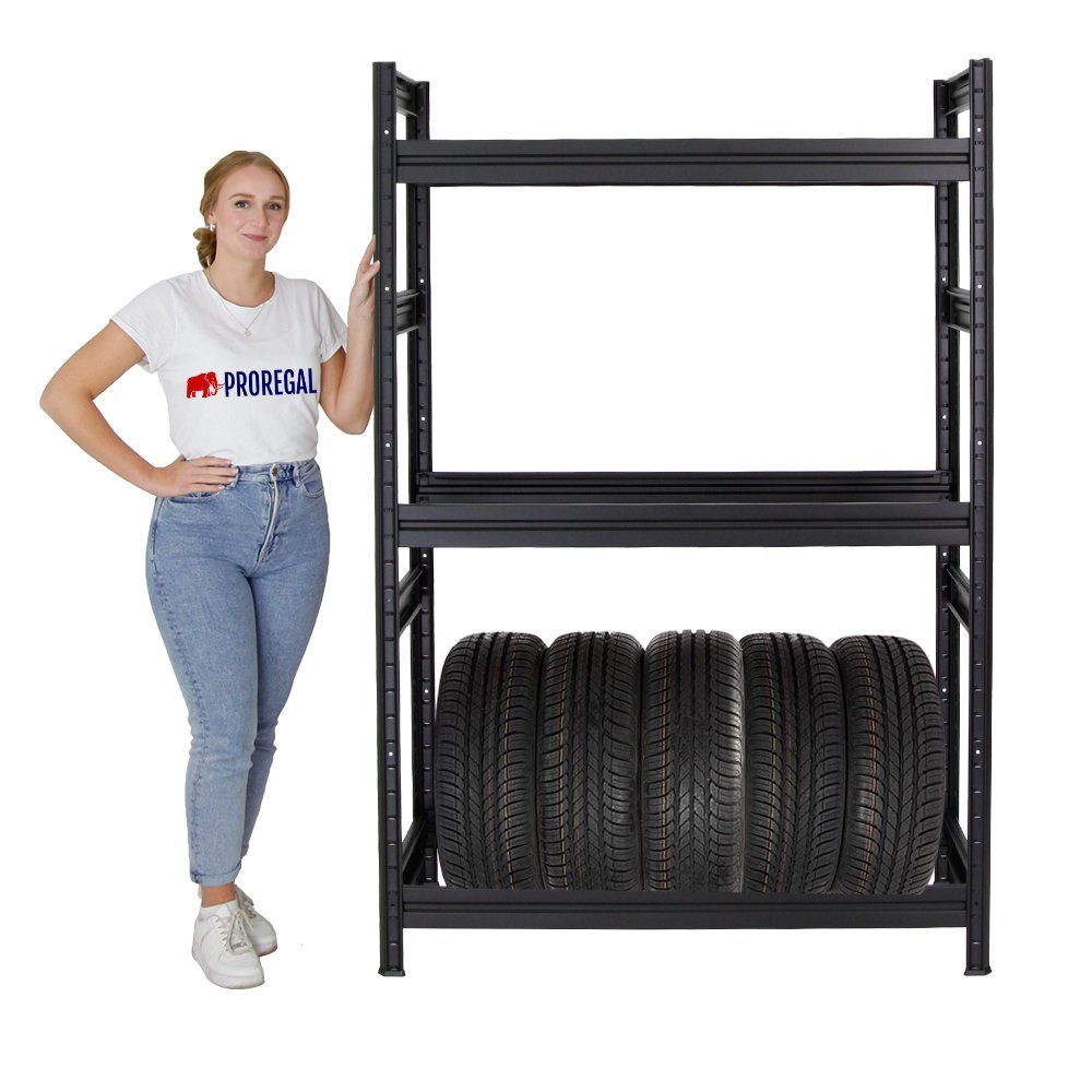 PROREGAL® Schwerlastregal Reifenregal DINO 180x120x50cm 150kg Fachlast 12 Reifen Schwarz, Stabiles Reifenregal Garagenregal für Reifen mit hoher Traglast