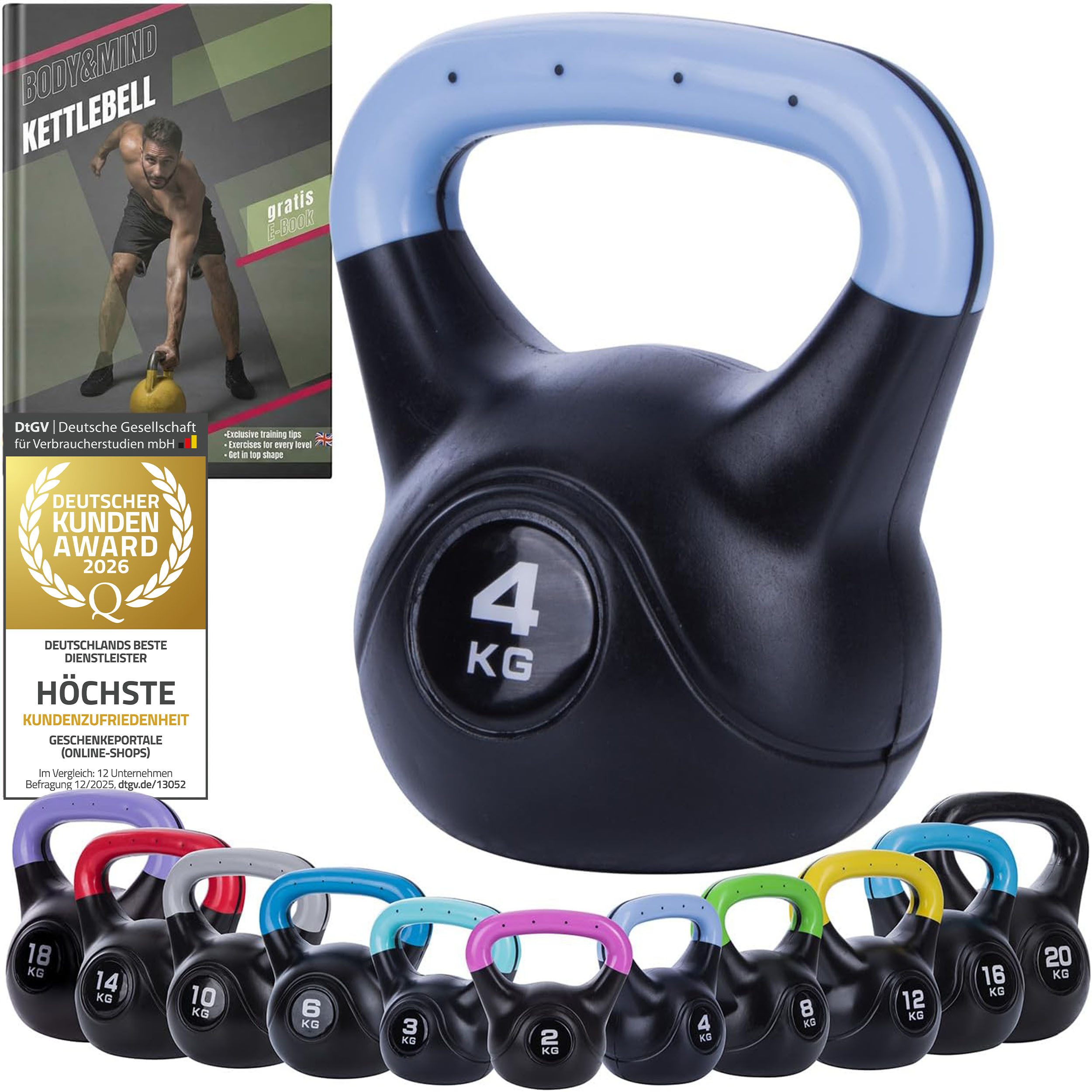 Body & Mind Kettlebell Body & Mind Kettlebell 2–20 kg – Profi Kettlebell mit Kunststoffmantel, (Profi Schwunghantel), Kraftraining Workout Gewicht (4 kg)