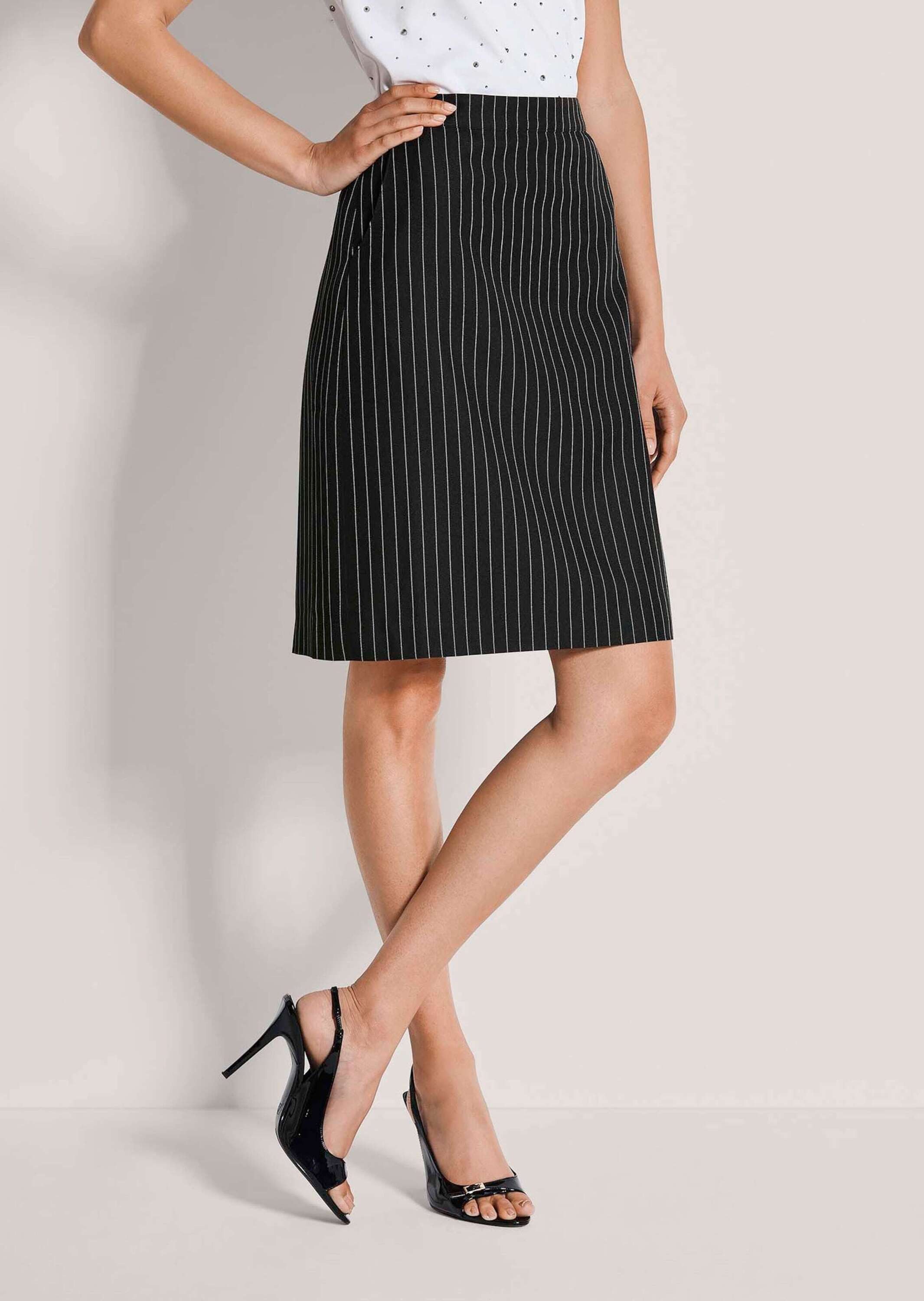 MADELEINE Bleistiftrock Bleistiftrock mit Nadelstreifen Jerseyrock mit Formbund, Taschen, Reißverschluss und Knielänge