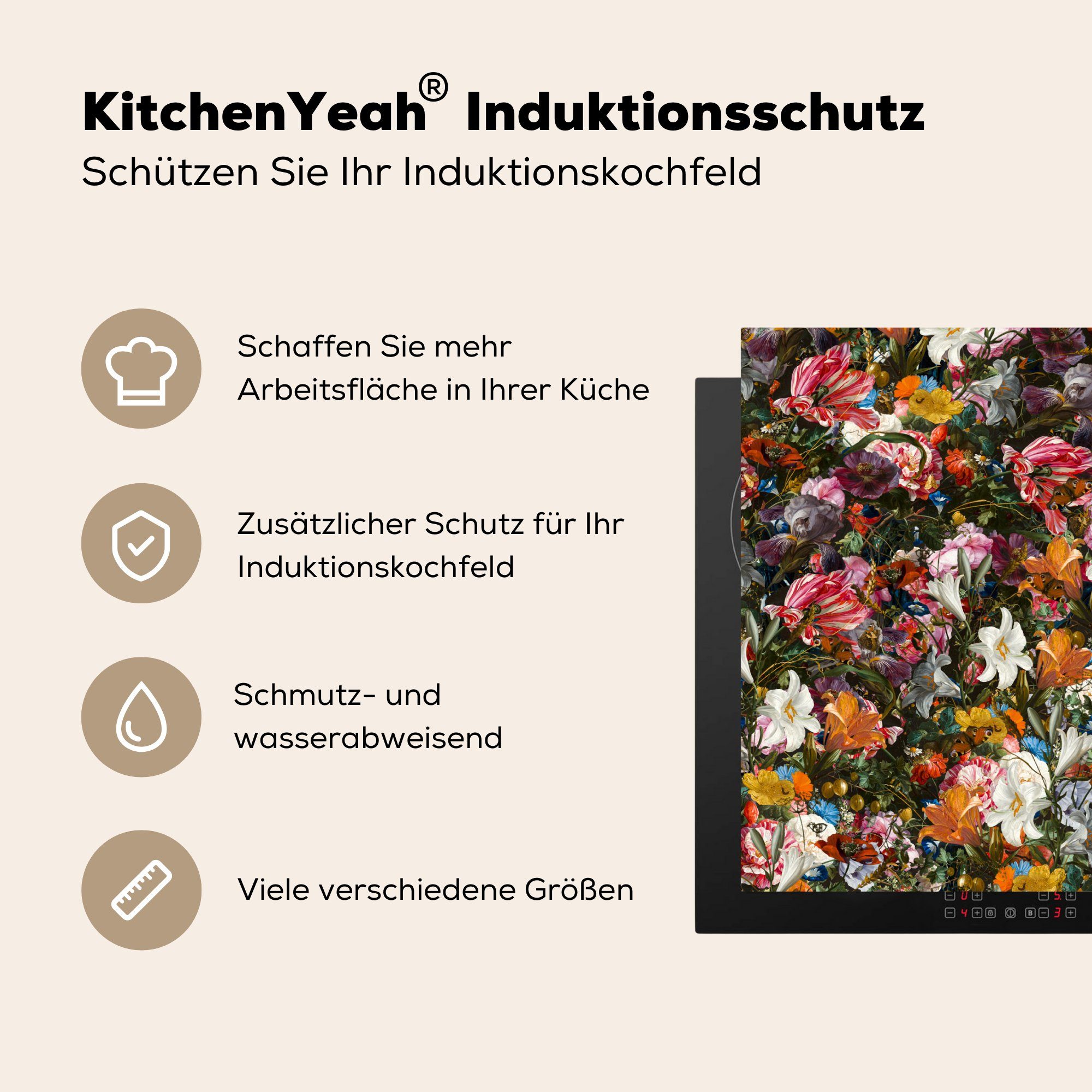 MuchoWow Herdblende-/Abdeckplatte Blumen die 71x52 Schmetterling Schutz für Design Abstrakt Vinyl, cm, - (1 Alte, küche, tlg), - - - - Malerei Kunst Induktionskochfeld Ceranfeldabdeckung 