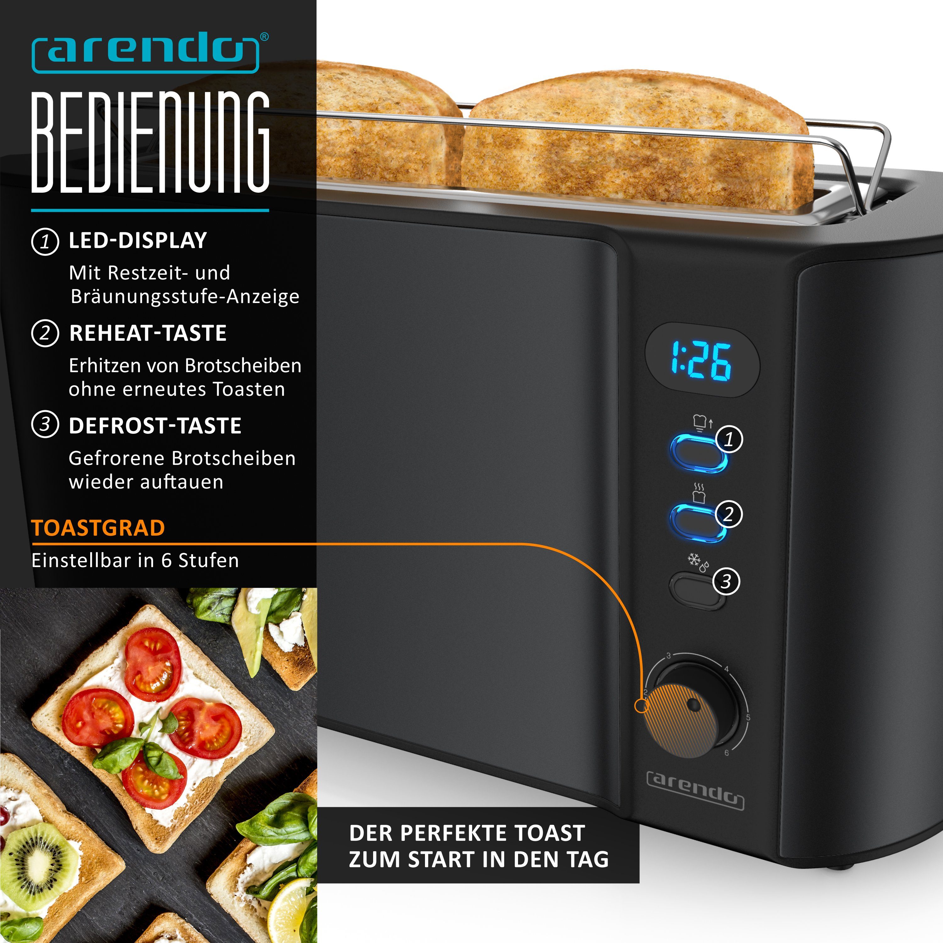 Arendo Frühstücks-Set Wasserkocher 1,5l & 2-Scheiben Langschlitz Toaster, Edelstahl, Schwarz (2-tlg), Wasserkocher mit Temperaturwahl, Toaster mit Brötchenaufsa – Bild 5 von 5