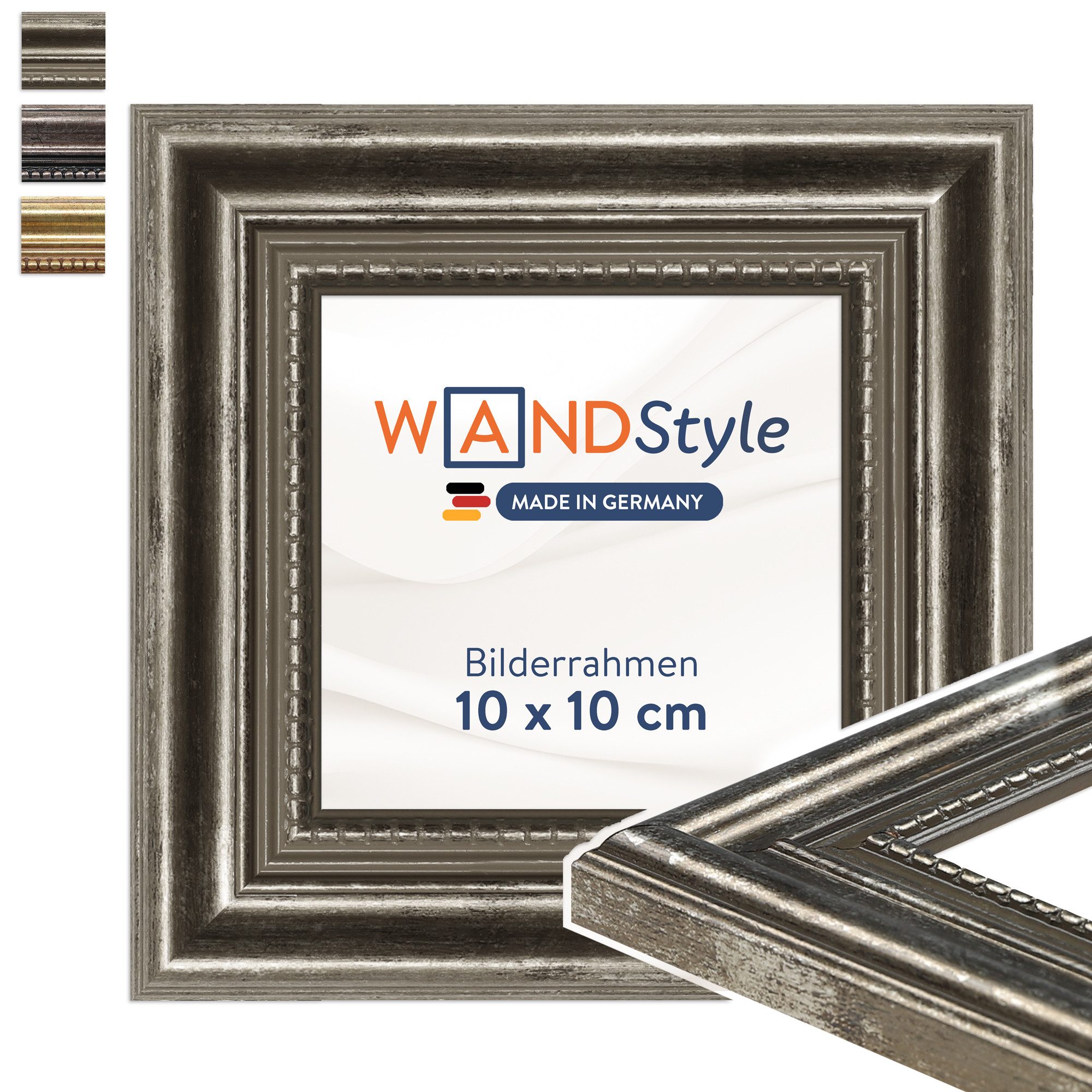 WANDStyle Einzelrahmen H450, Silber Bilderrahmen 10x10 Holz, Vintage Bilderrahmen Silber 10x10 cm