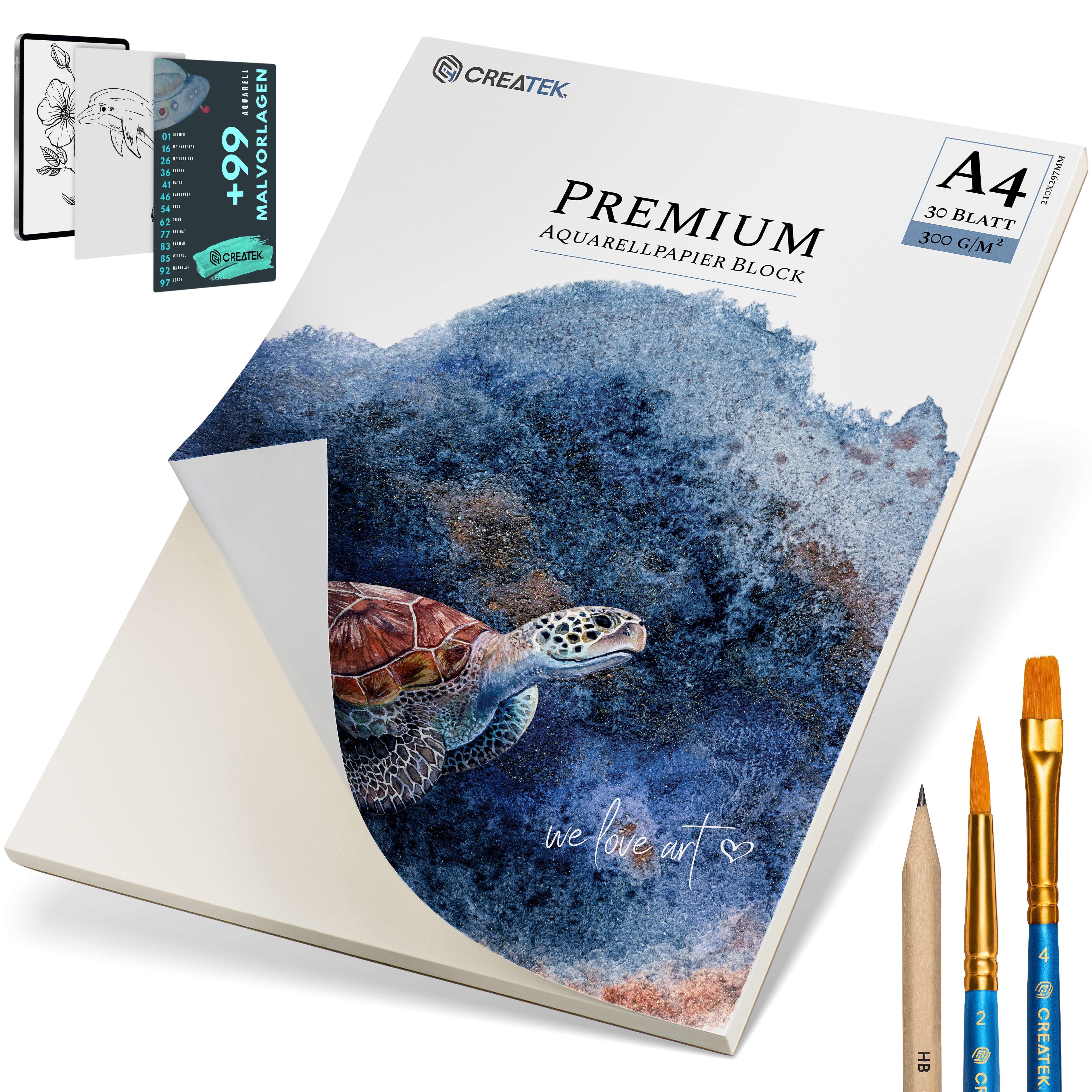 CreaTek Aquarellpapier 300g diverse Größen - Premium Qualität inkl. Pinsel & Bleistift uvm., 2 STUNDEN VIDEOKURS + 400 MALVORLAGEN | Papier