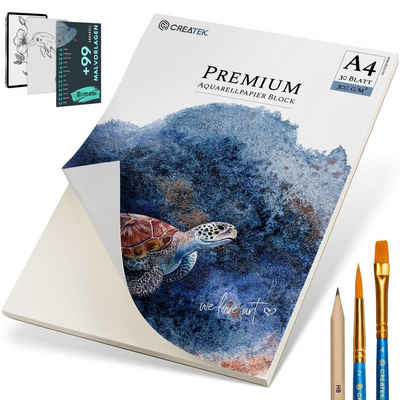 CreaTek Aquarellpapier 300g diverse Größen - Premium Qualität inkl. Pinsel & Bleistift uvm., 2 STUNDEN VIDEOKURS + 400 MALVORLAGEN