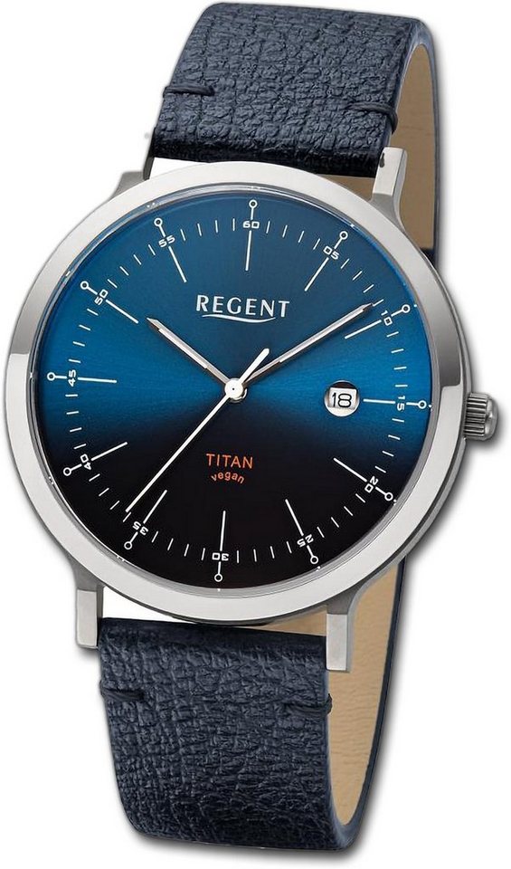 Regent Quarzuhr Regent Herren Armbanduhr Analog, Herrenuhr Lederarmband  dunkelblau, rundes Gehäuse, groß (ca. 40mm)