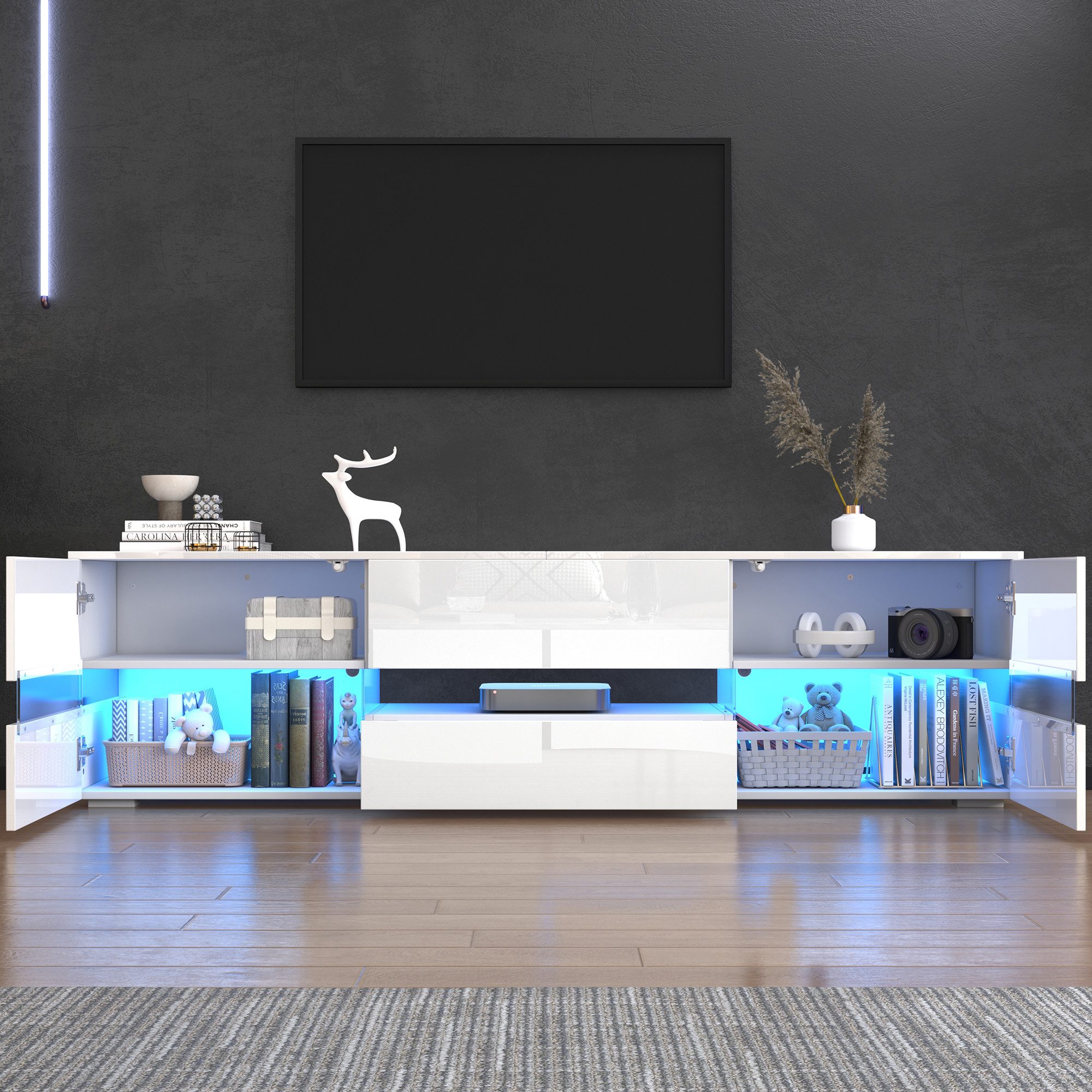 Merax Lowboard Hochglanz mit LED-Beleuchtung & Push-to-Open (für Fernseher bis 70 Zoll, 1 St), TV-Schrank mit 2 Türen, 1 Schublade & Acrylglaseinsatz, 160x39x45cm