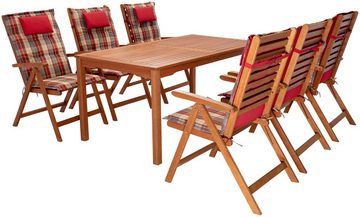 KONIFERA Garten-Essgruppe Brasilia, (Set, 13-tlg., 6x Stuhl, 1x Tisch 160x90x74 cm, inkl. Auflagen, Stühle sind klappbar), zertifiziertes Eukalyptus, Rückenlehne ist 5-fach verstellbar