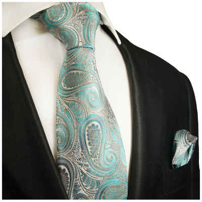 Paul Malone Krawatte Herren Seidenkrawatte mit Tuch modern paisley 100% Seide (Set, 2-St., Krawatte mit Einstecktuch) Breit (8cm), türkis 2016