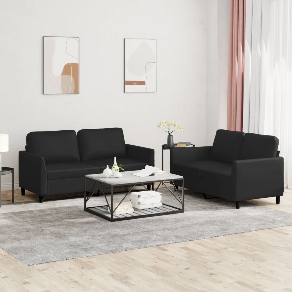 vidaXL Sofa 2-tlg. Sofagarnitur mit Kissen Schwarz Kunstleder