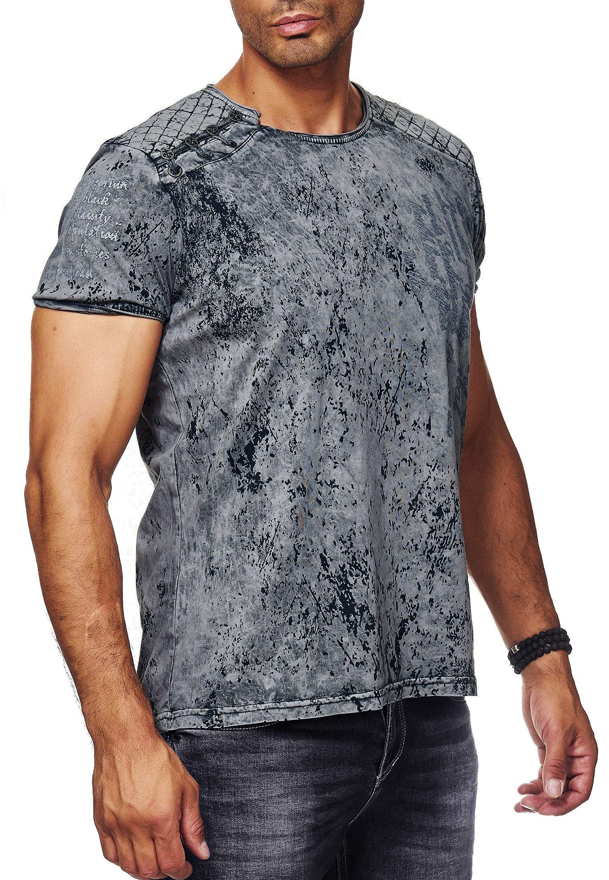 T-Shirt T-Shirt Rundhals mit Seitlicher Knopfleiste Verwaschen und Front Print