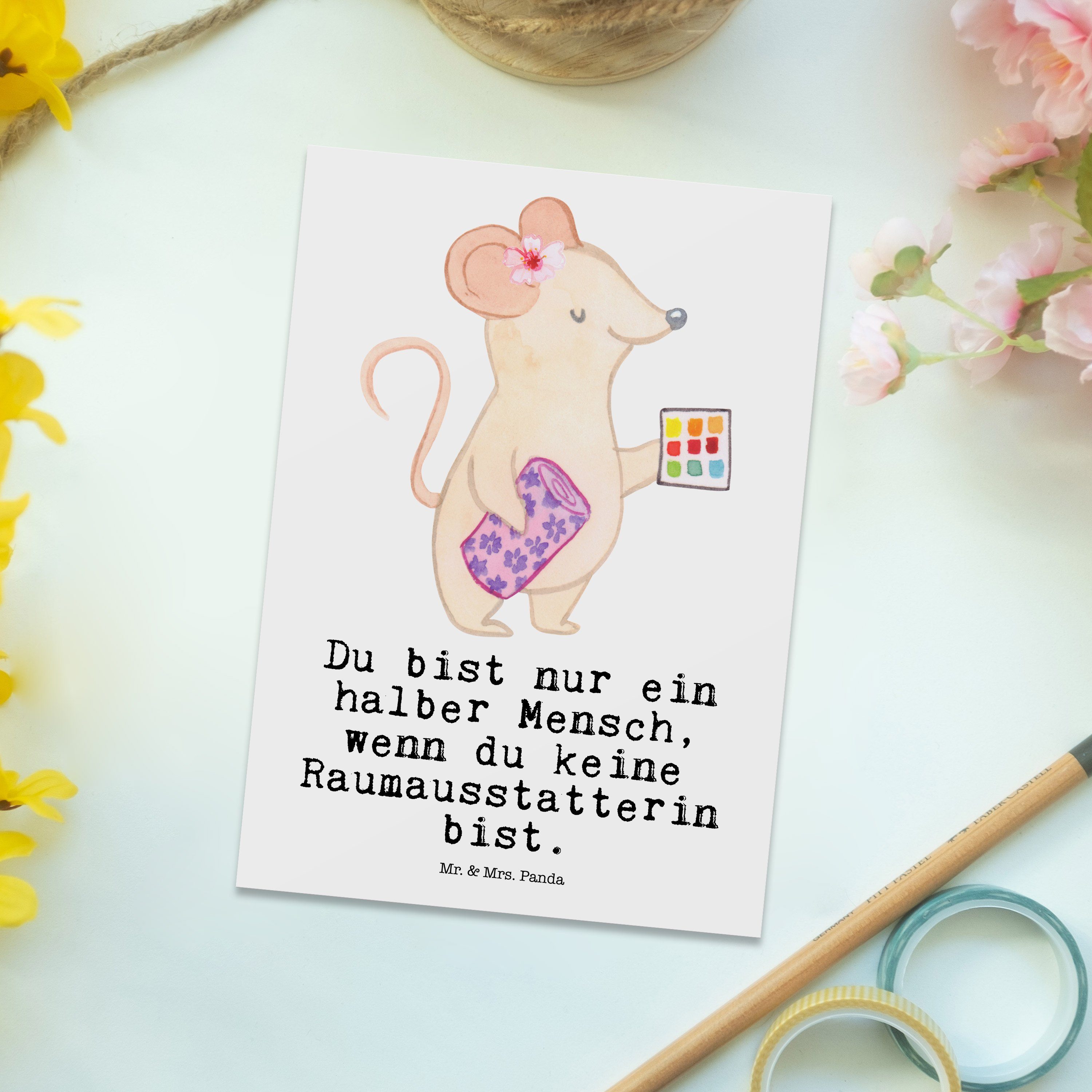 Mrs. Dankeskarte, Einladung - Raumausstatterin Postkarte Herz mit Weiß Geschenk, - Panda & Mr.