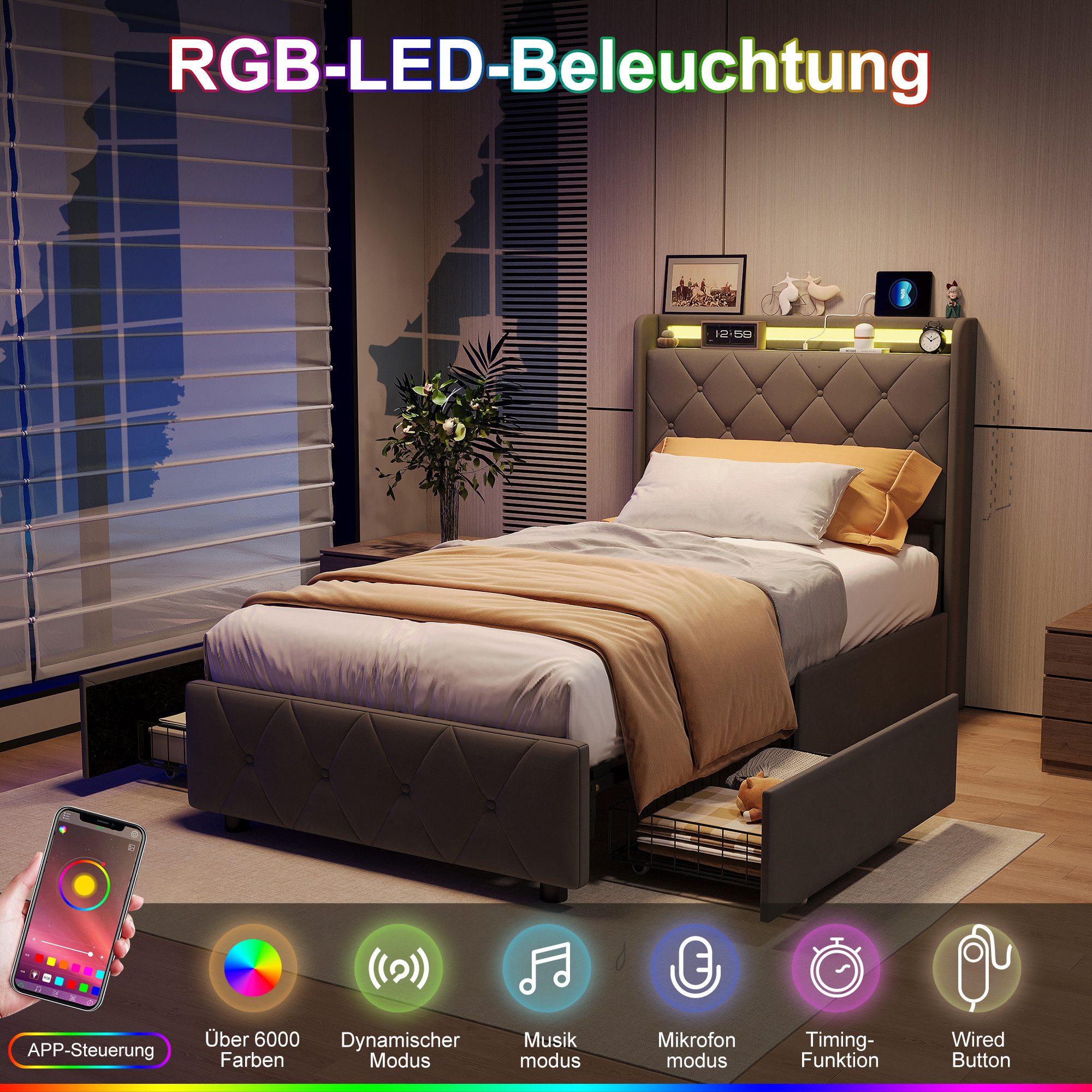 ADWOLT Stauraumbett Polsterbett mit Lattenrost und LED-Beleuchtung, Jugendbett 90x200cm mit USB&Type-C,Kinderbett mit 2 Schubladen,Grau