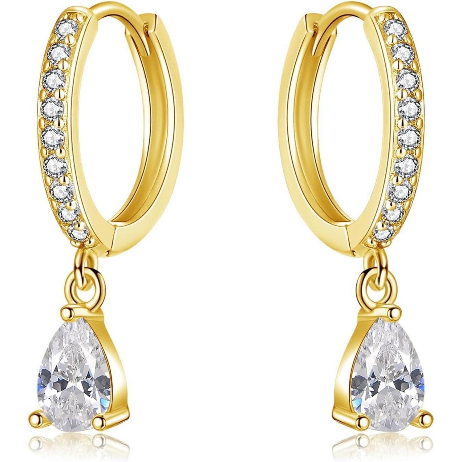 LuxusKollektion Paar Creolen Ohrringe Creolen Silber 925 Zirkonia Wassertropfen Wassertropfen-Gold
