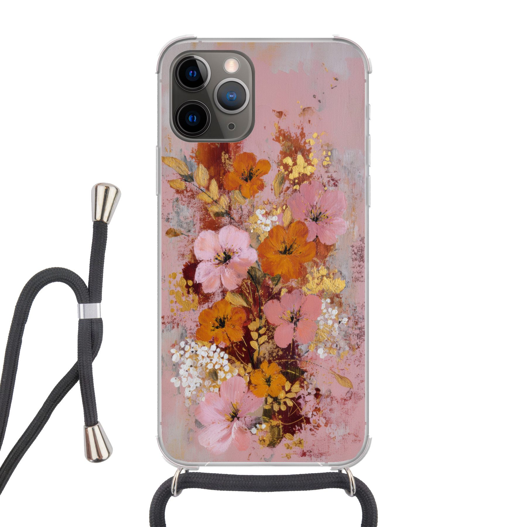 MuchoWow Handyhülle für Apple iPhone 13 Pro Malerei - Blumen - Rustikal - Rosa, Tragbare Handyhüllen mit Kette zum umhängen, Handykette Handyband