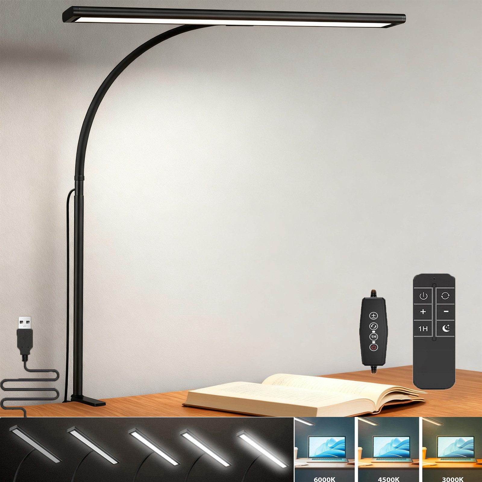 MUPOO LED Klemmtischleuchte LED Leselampe Зажимные светильники Clip-on, Timer, Dimmbare & Helligkeitsstufen, USB, 70cm Höhe mit Fernbedienung