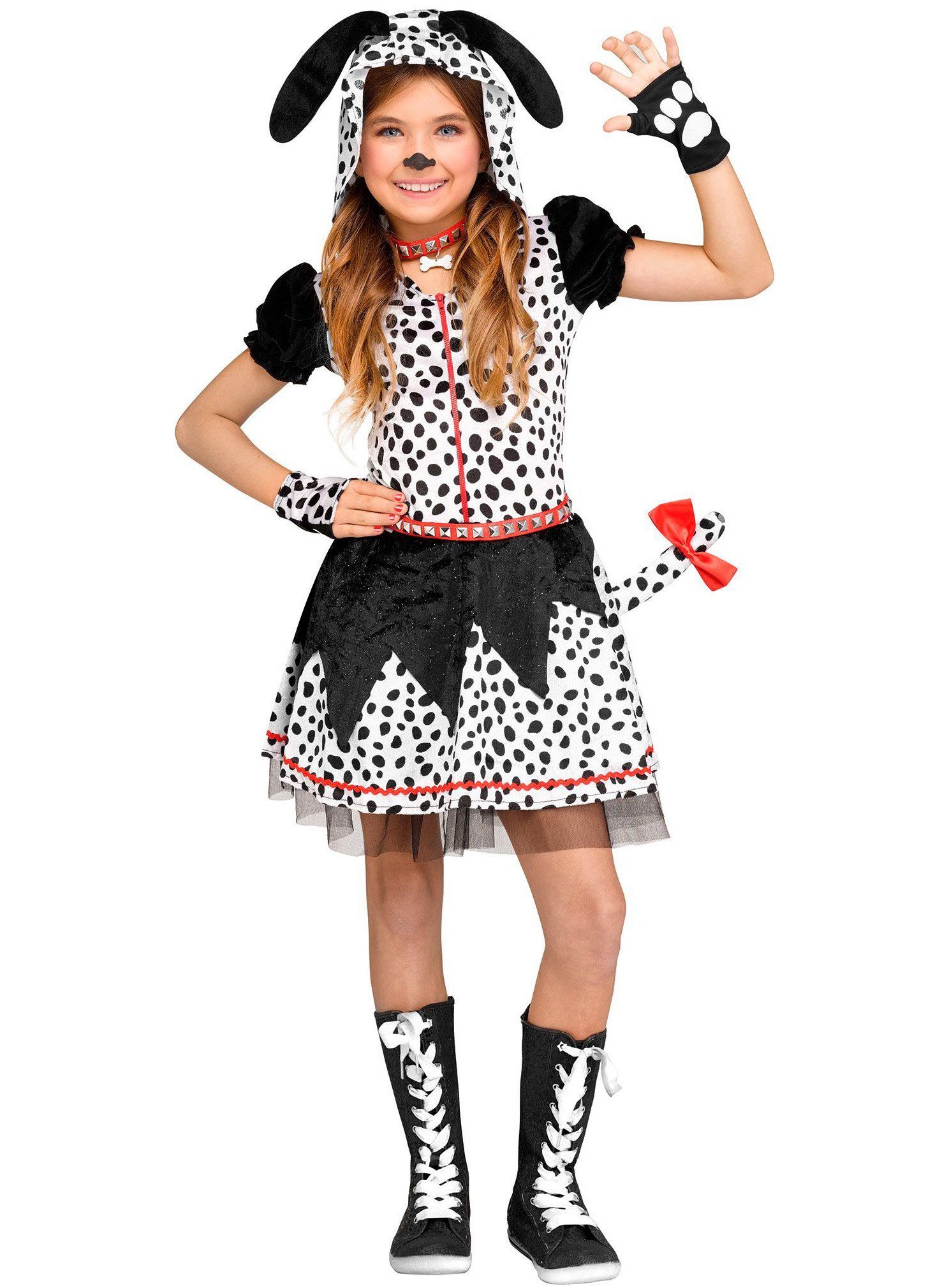 Fun World Kostüm Dalmatiner Kostüm für Mädchen, Schwarz-weißes Hundekostüm,  markant gepunktet