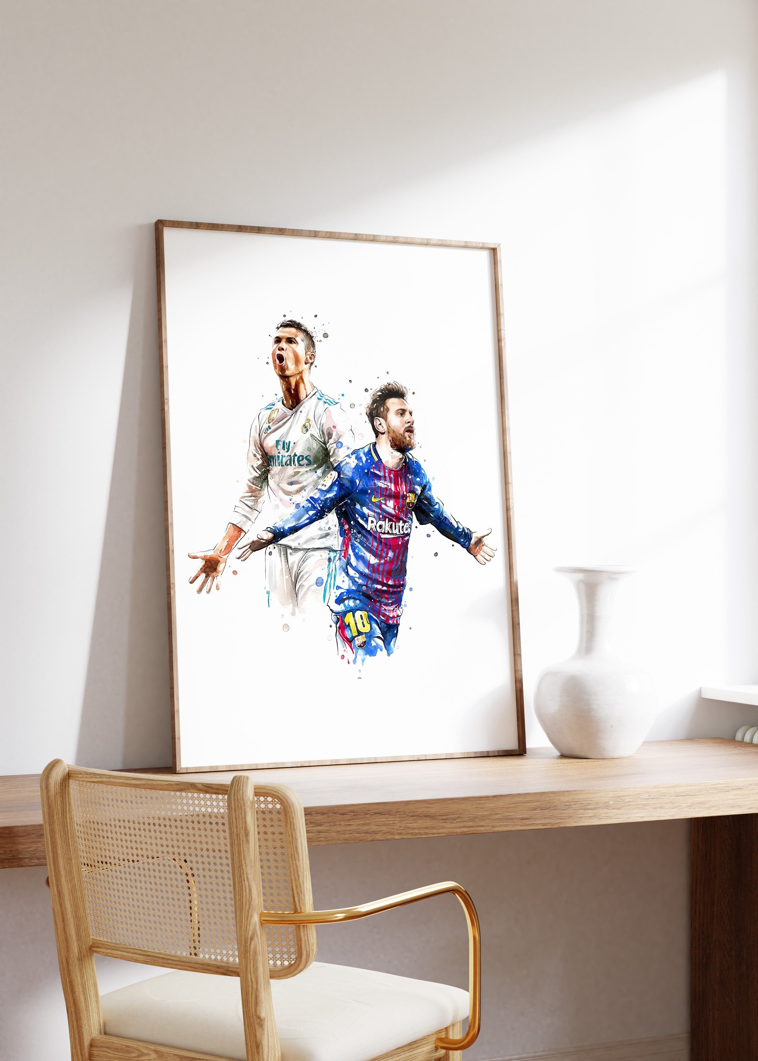 Poster Premium · Wasserfarben Rahmen Messi ® Ronaldo · JUSTGOODMOOD Fußball ohne Poster