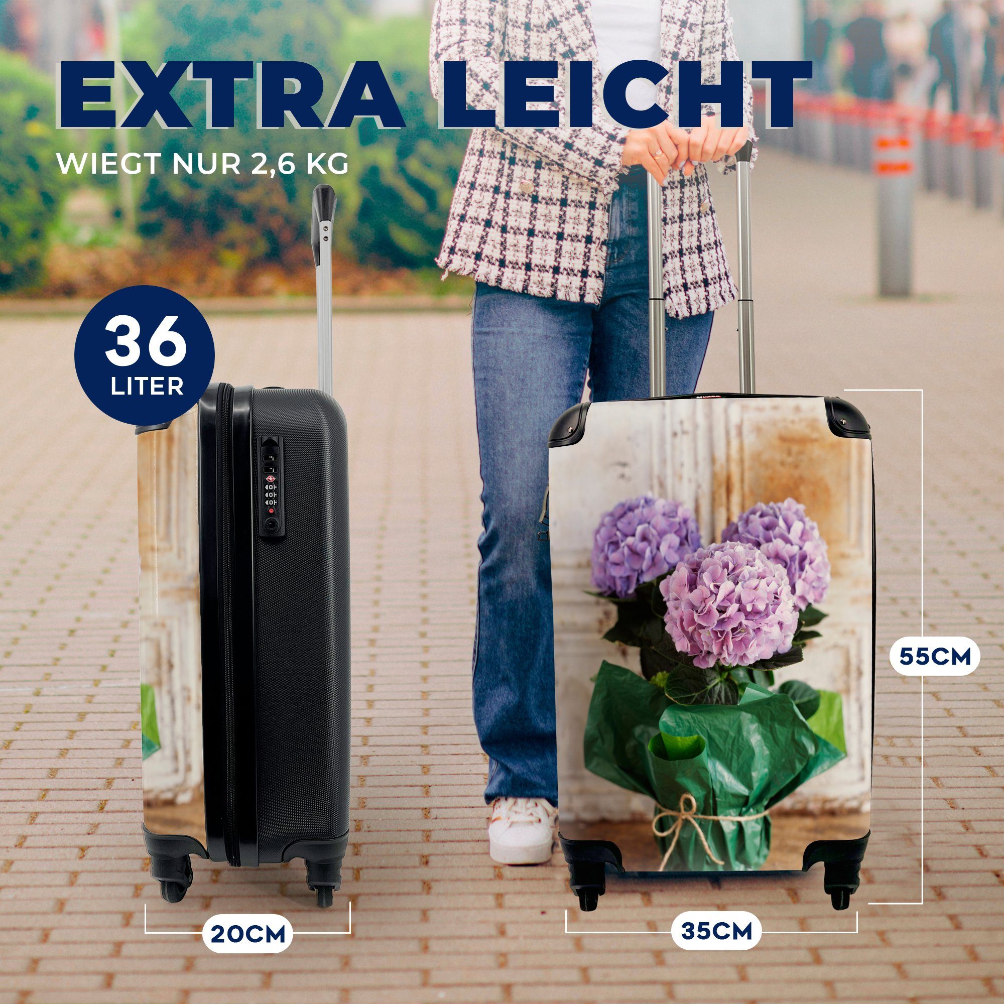 Reisekoffer für Reisetasche MuchoWow Trolley, Handgepäckkoffer rollen, Handgepäck Rollen, 4 Ferien, mit Hortensienstrauß,