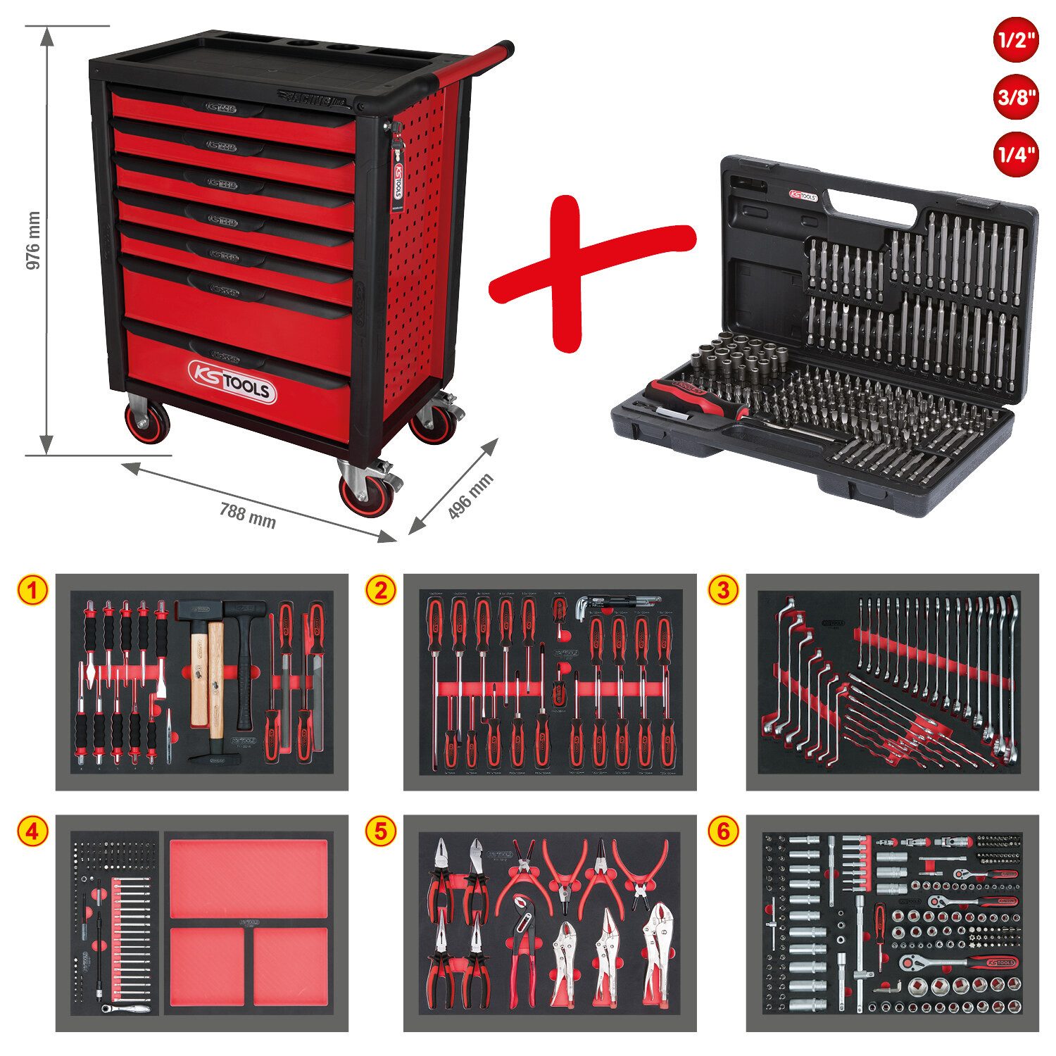 KS Tools Werkstattwagen RACINGline SCHWARZ/ROT, (598-tlg), Mit 7 Schubladen und 598 Premium-Werkzeugen