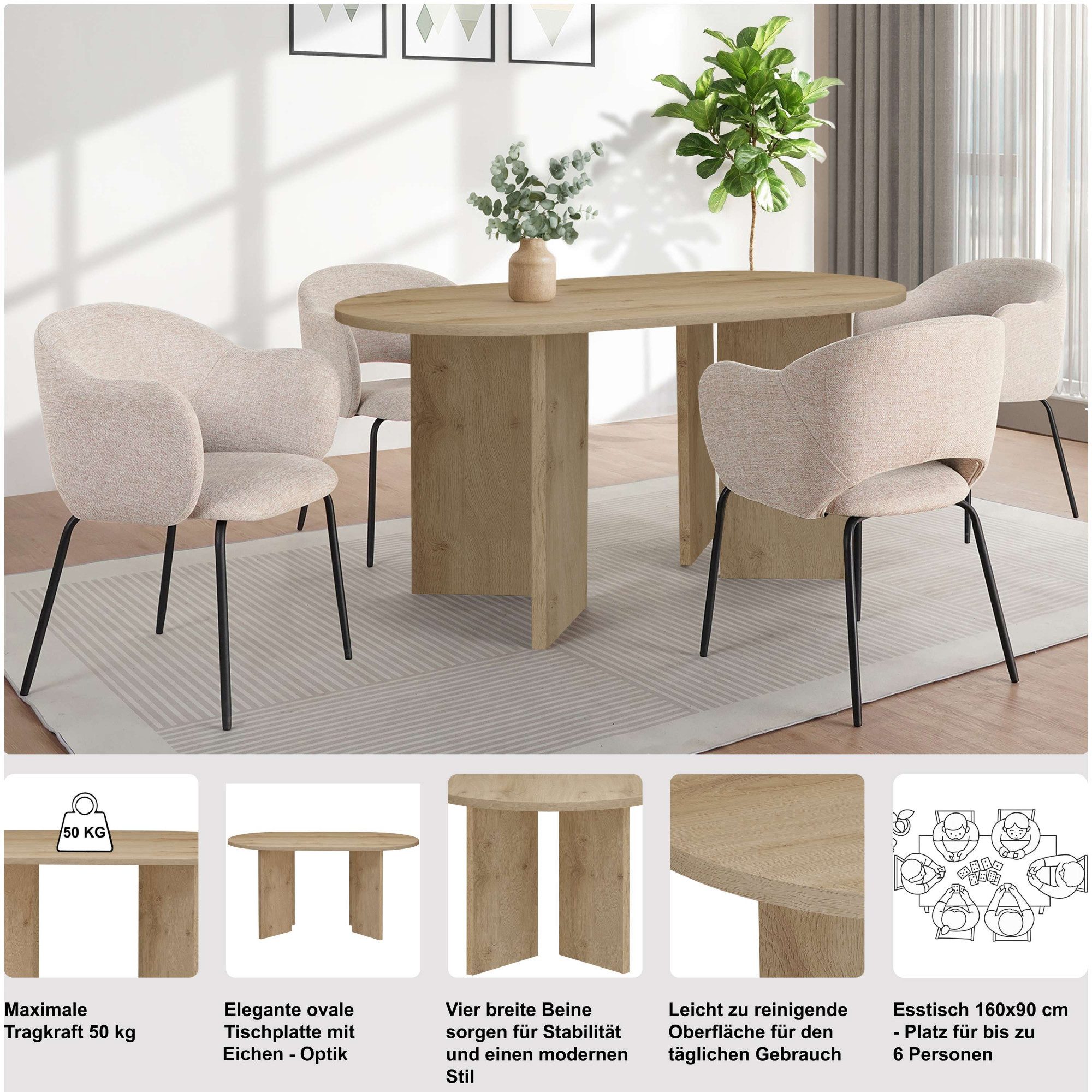 OTTO home Esstisch Callii, Oval, feste Tischplatte Holzoptik, verschiedene Größen, pflegeleicht