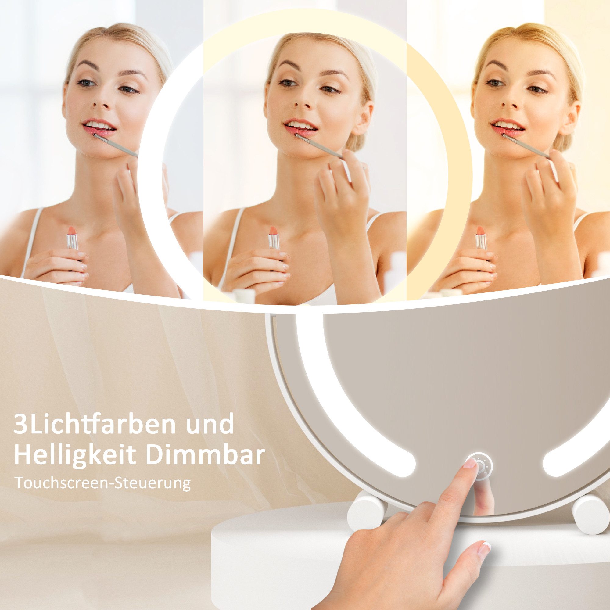 WDWRITTI Kosmetikspiegel LED Schminkspiegel 3Lichtfarben Helligkeit dimmbar Touch Tischspiegel (Make Up Spiegel, 360° Drehbar), Umweltschutz Spiegel, energiesparender