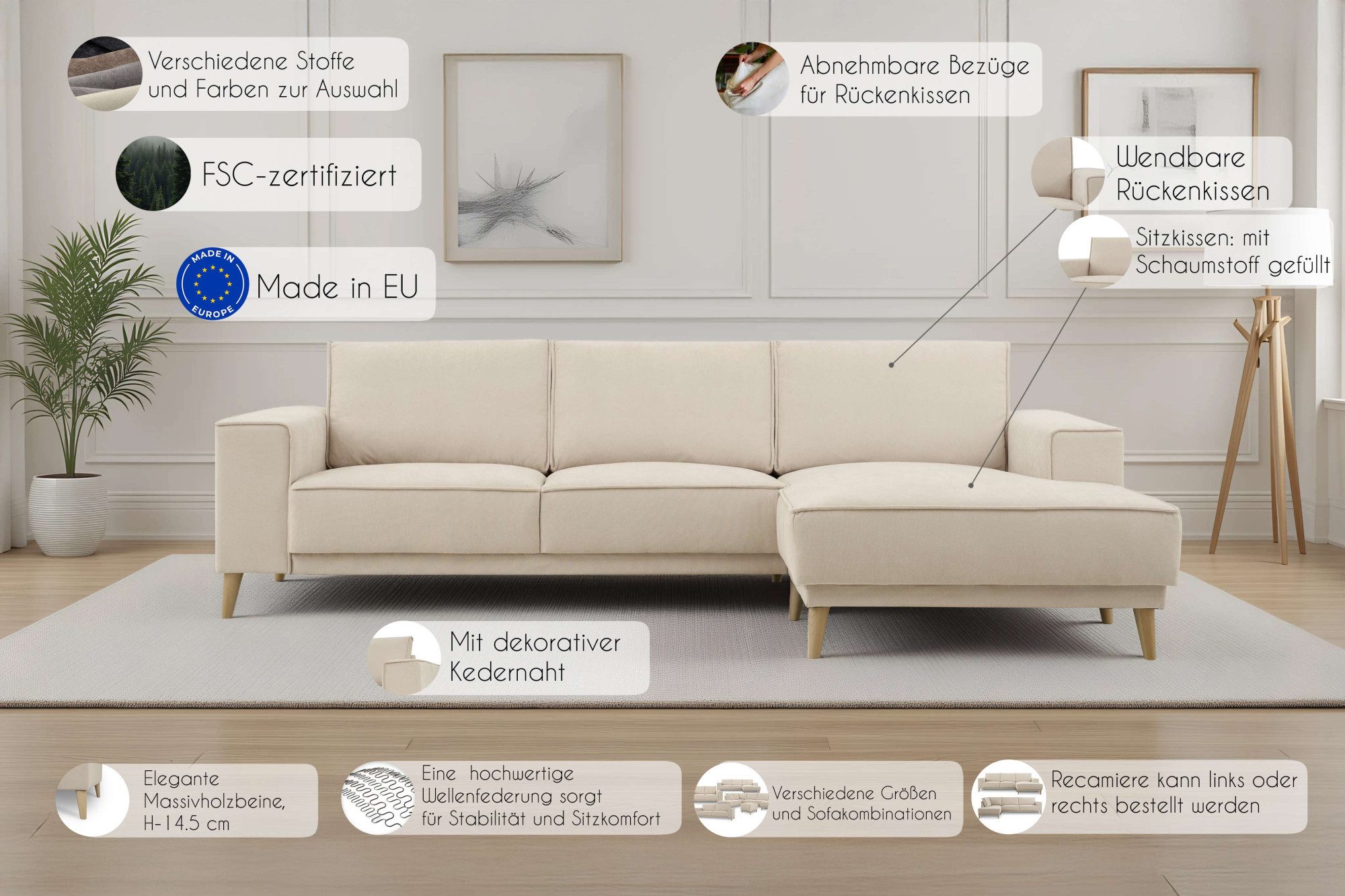 OTTO home Ecksofa Oland Skandi, weicher Chenille-Stoff, L-Form, 280 cm, Wellenunterfederung, Skandi-Design, Massivholzfüße