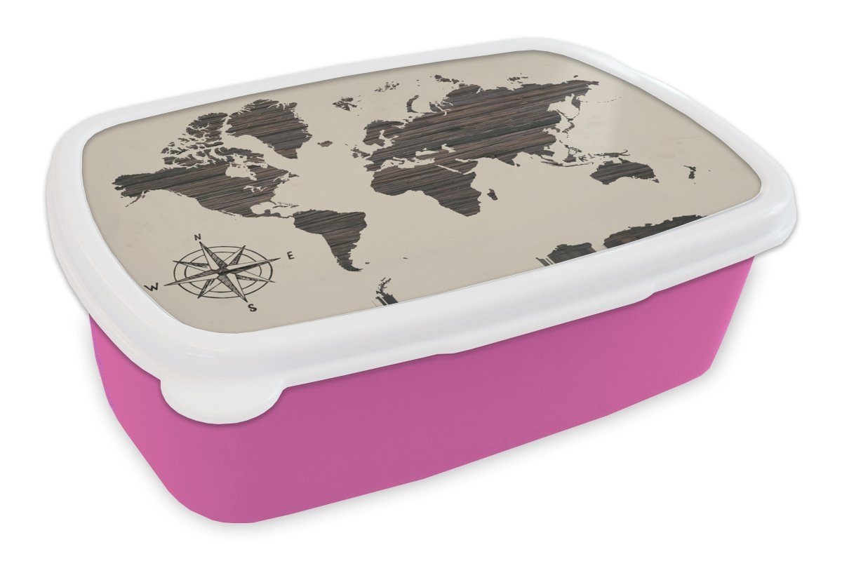 Mädchen, für Erwachsene, MuchoWow Brotbox - Kunststoff, rosa - Snackbox, Kinder, Brotdose Kunststoff (2-tlg), Kompassrose, Holz Weltkarte Lunchbox
