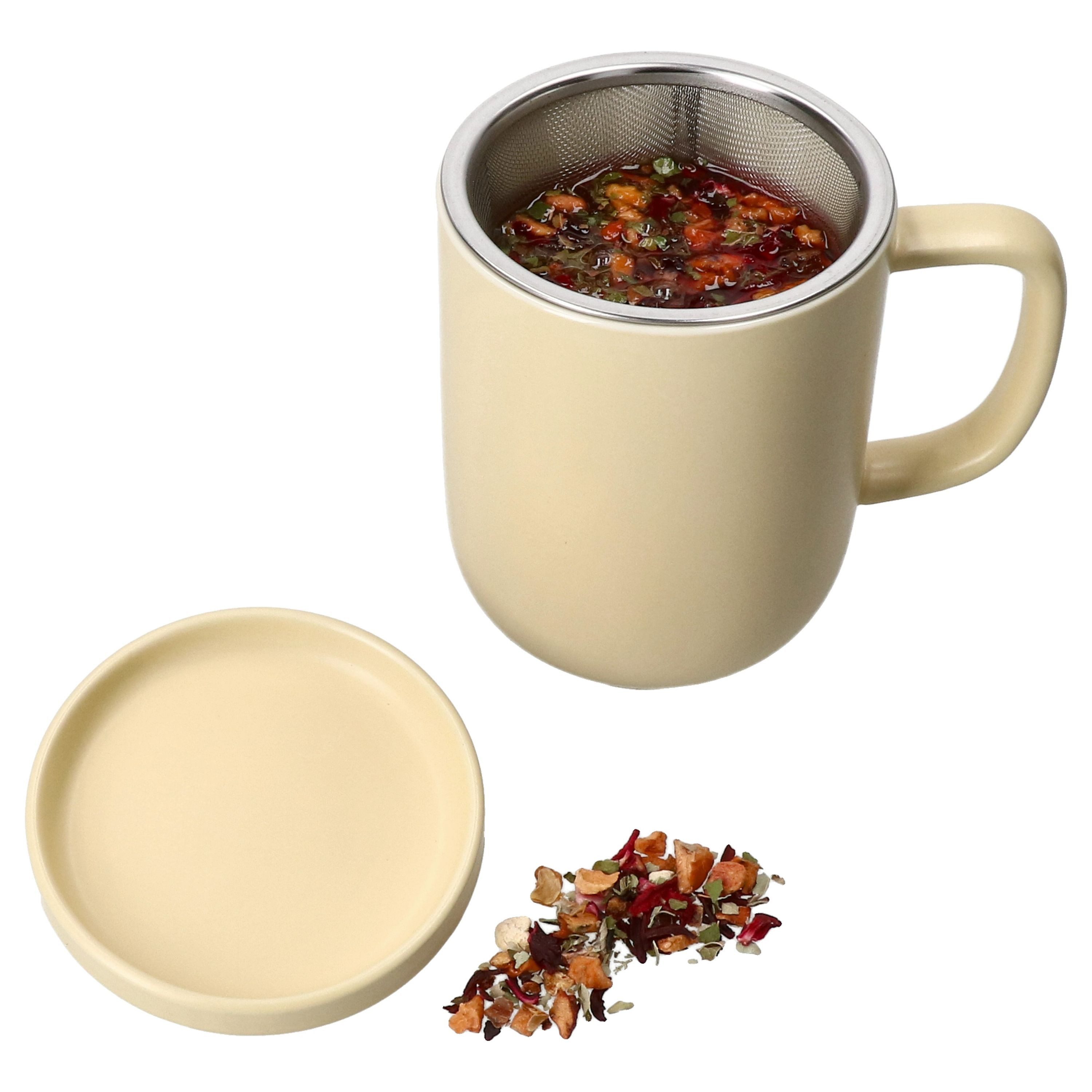 Ritzenhoff & Breker Becher Ritzenhoff Jasper Vanille Teebecher mit Teesieb & Deckel 300ml, Steingut