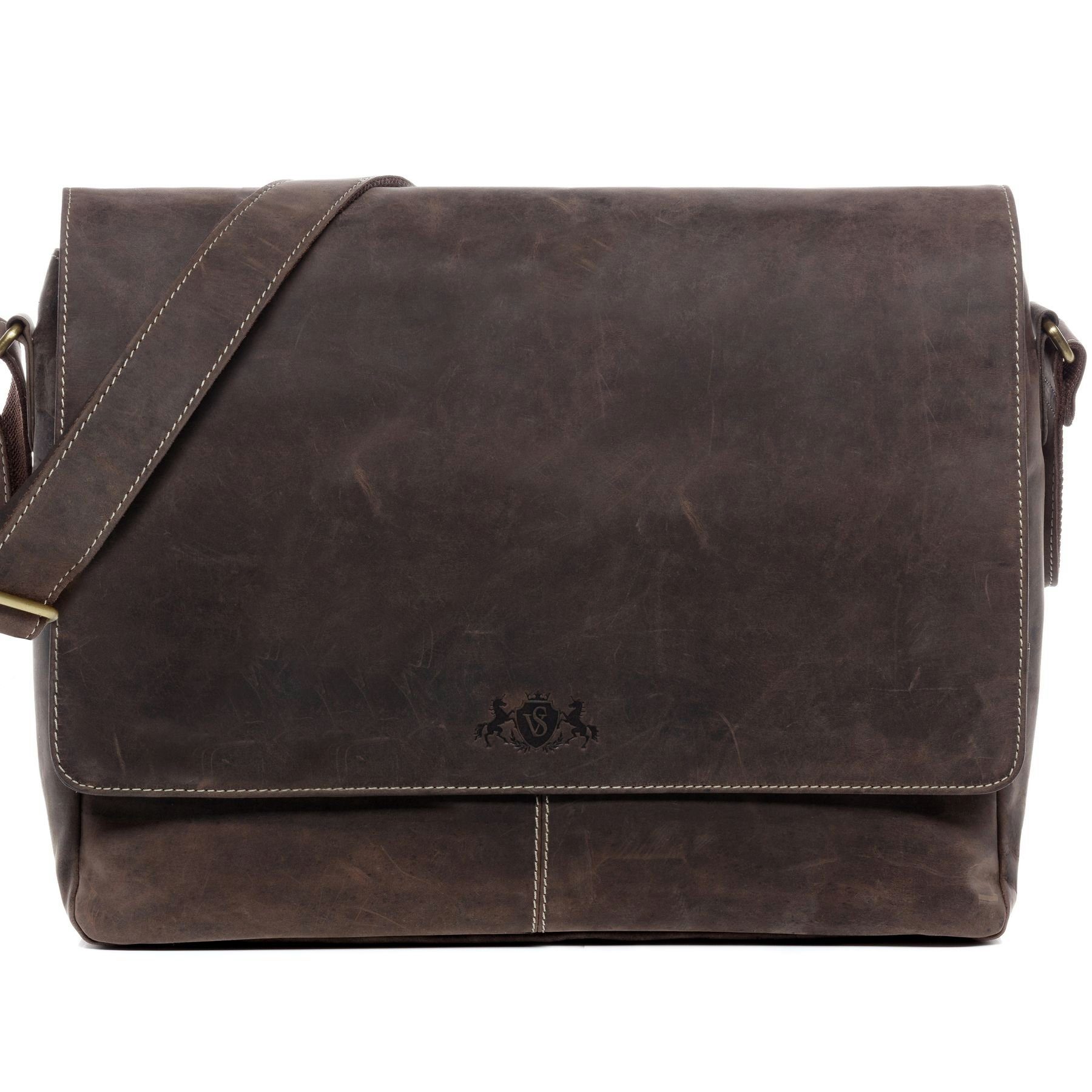 SID & VAIN Messenger Bag SPENCER, Umhängetasche Laptoptasche echt Leder braun